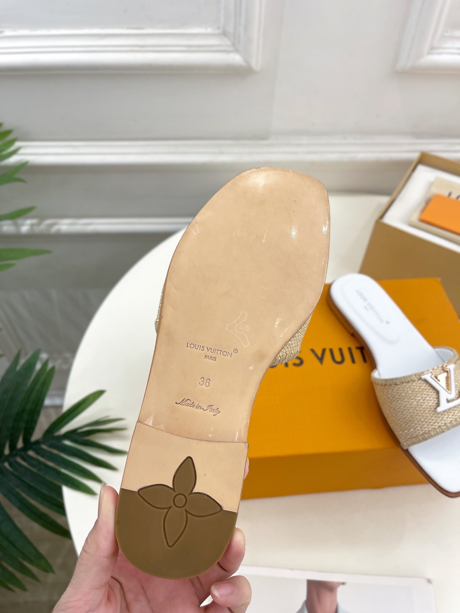 lv capri flat mule beige raffia white calfskin