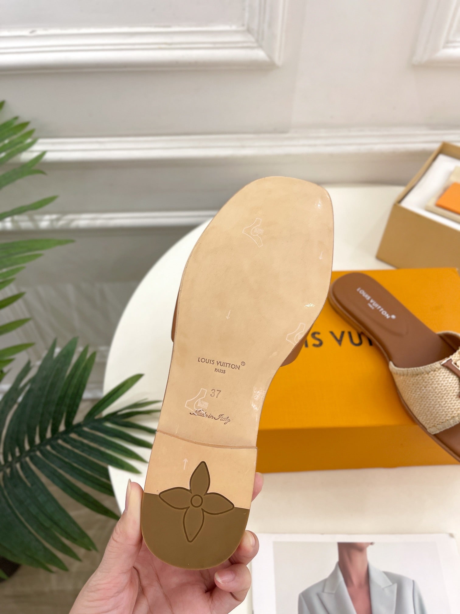 lv capri flat mule beige raffia dark brown calfskin