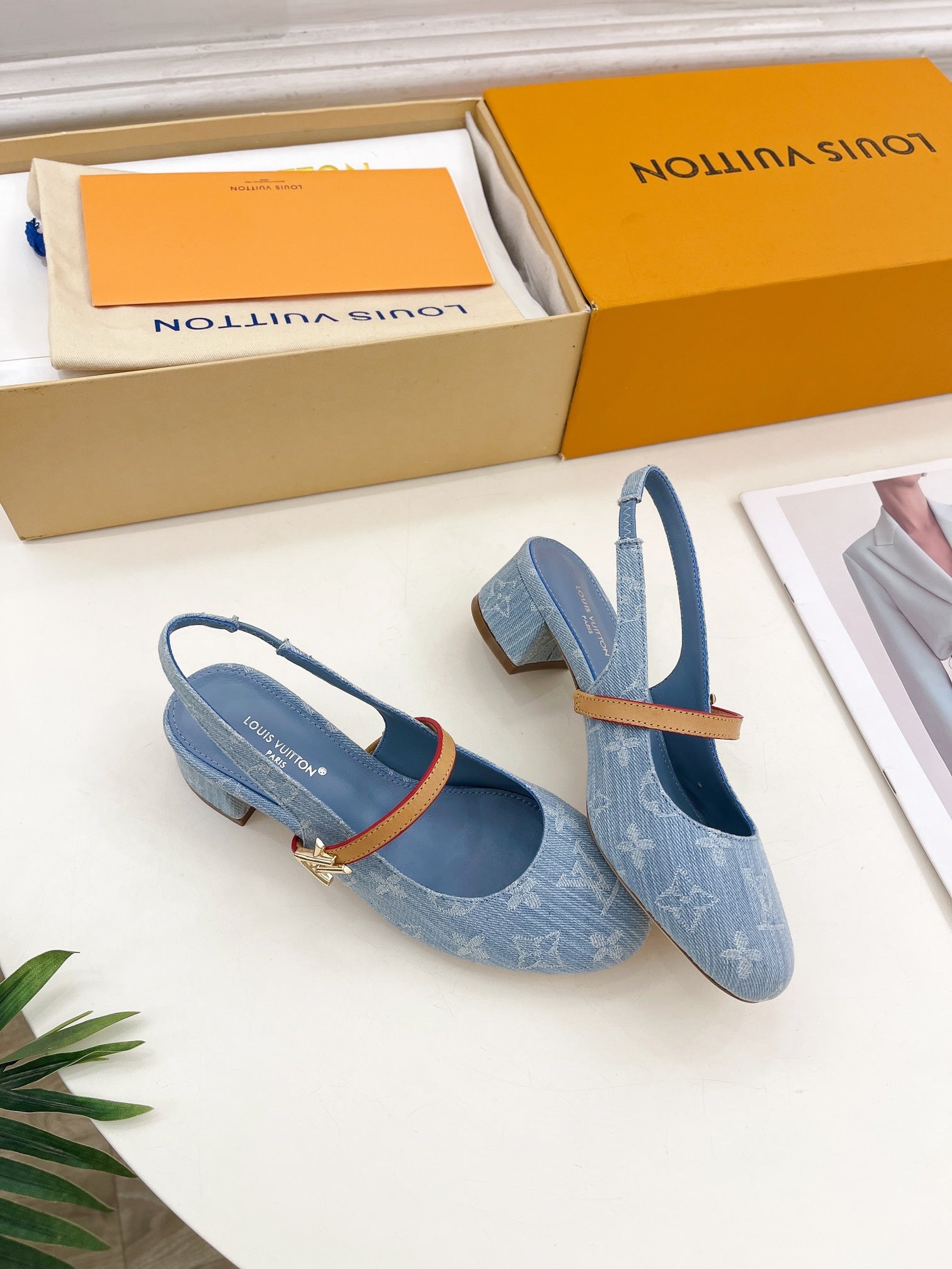 LV Romy Slingback Pump 35mm Light Blue Monogram Jacquard Fabric