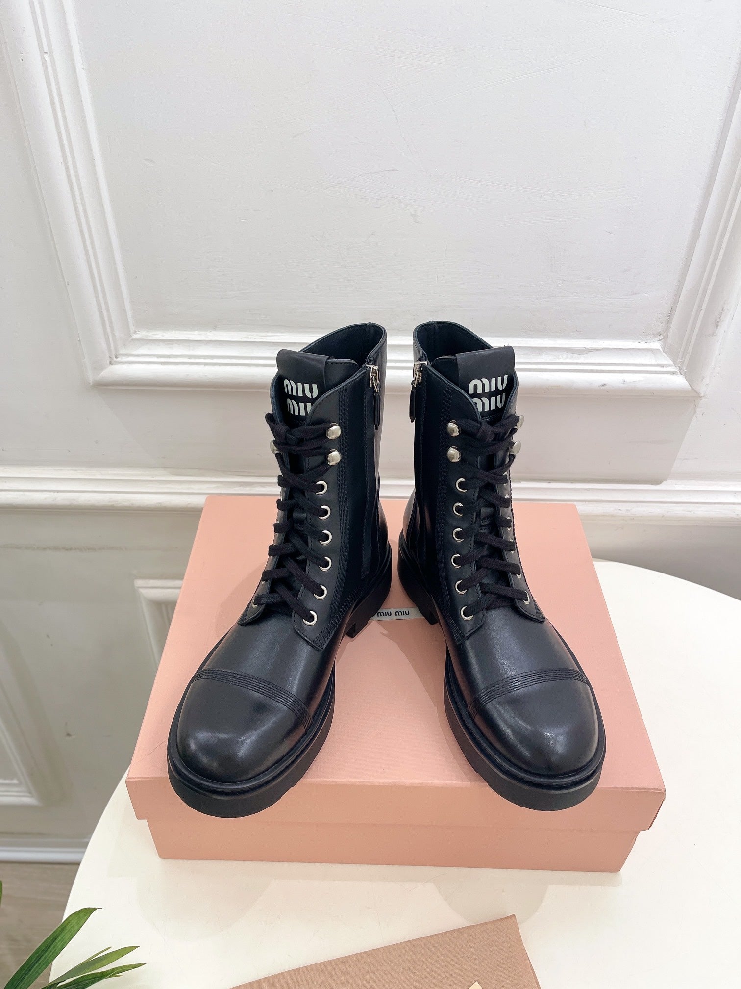 Miu Laced Booties Black Calfskin