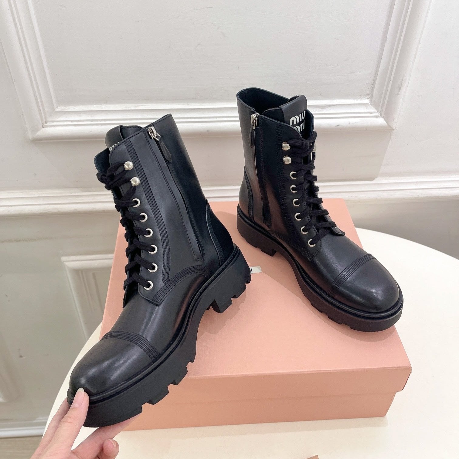 Miu Laced Booties Black Calfskin