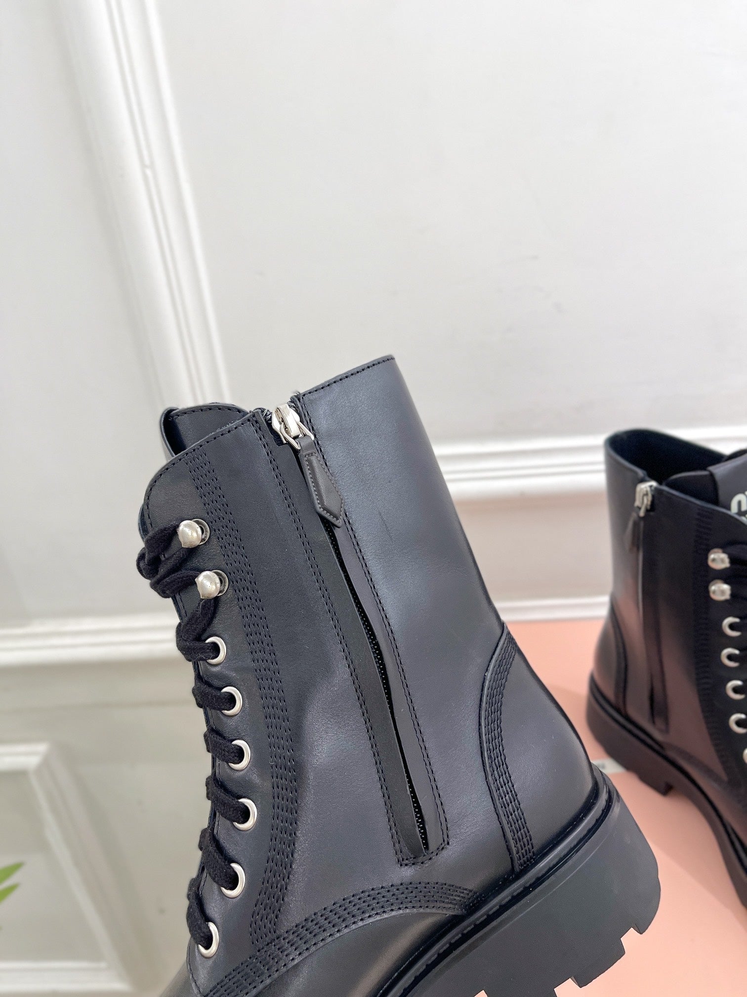 Miu Laced Booties Black Calfskin
