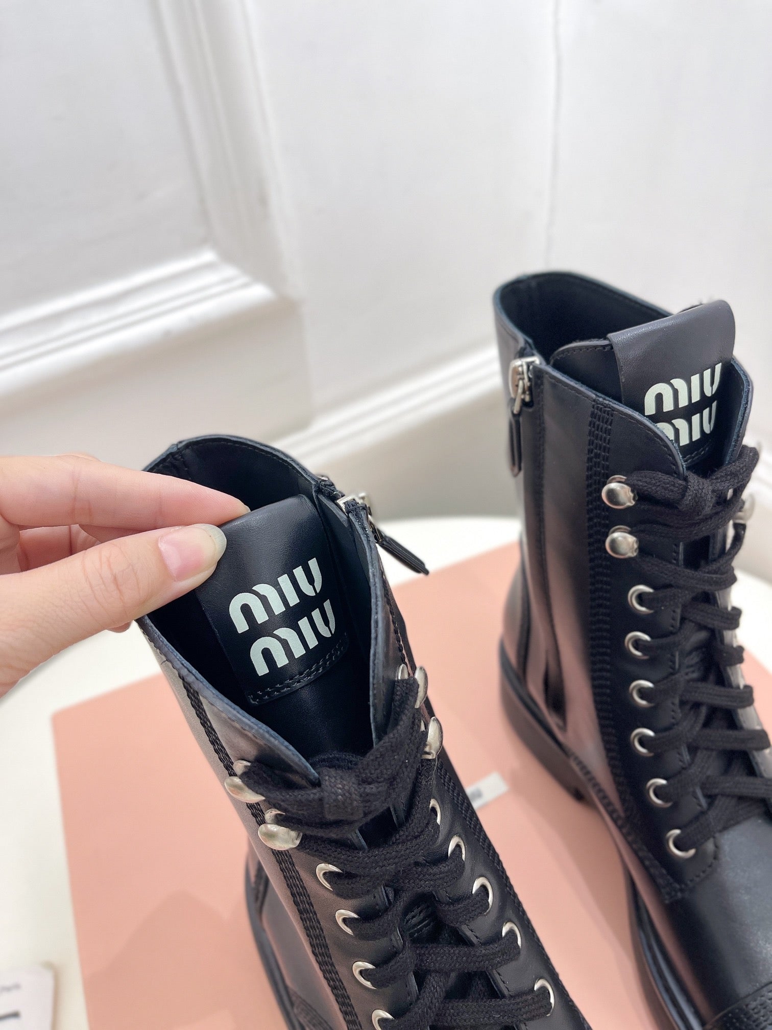 Miu Laced Booties Black Calfskin