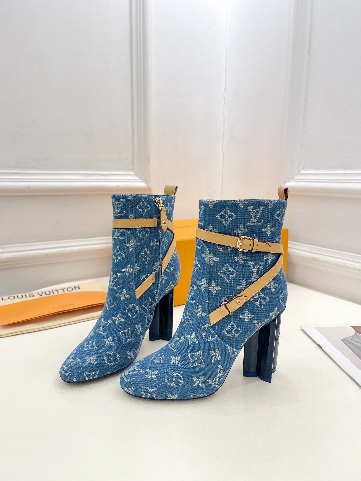 LV Silhouette Ankle Boots 100mm Dark Blue Monogram Jacquard Fabric