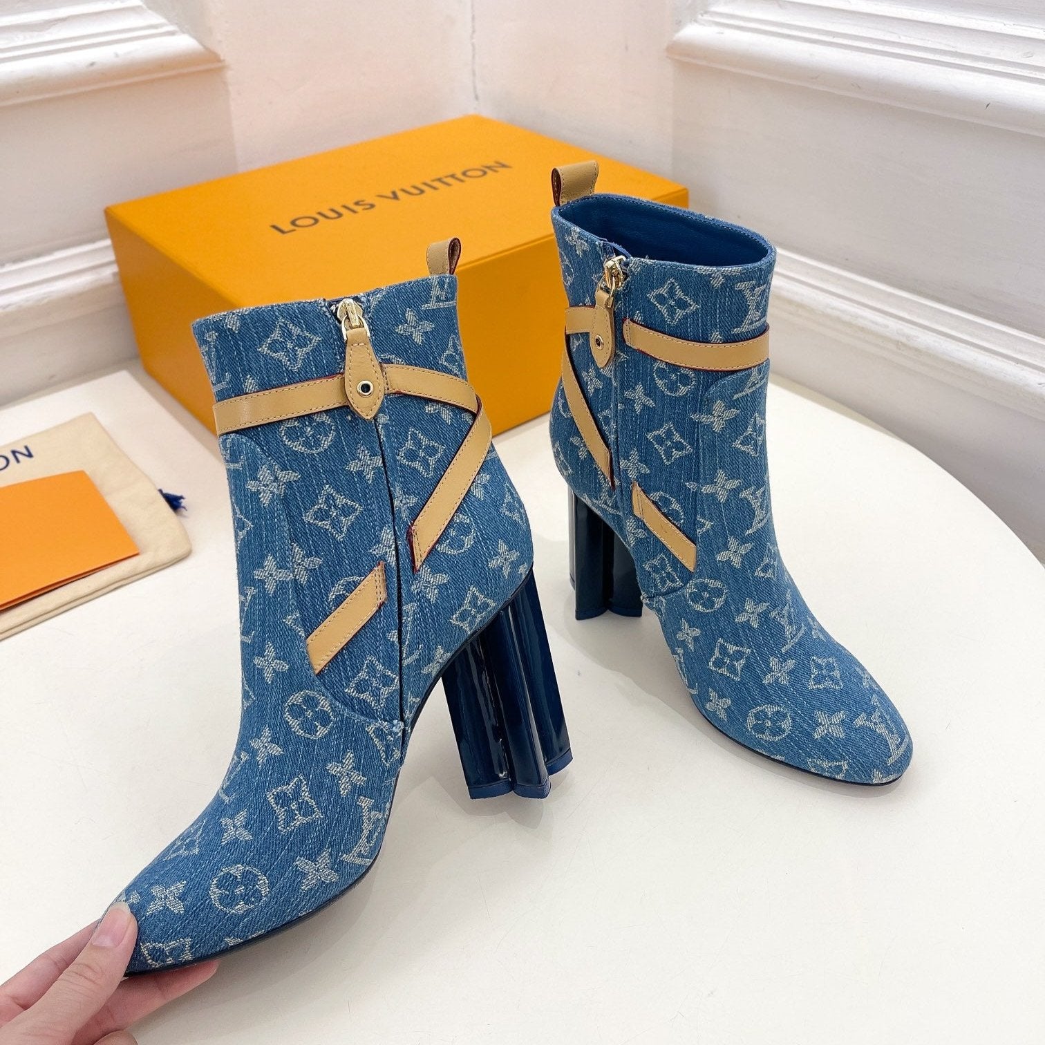 LV Silhouette Ankle Boots 100mm Dark Blue Monogram Jacquard Fabric