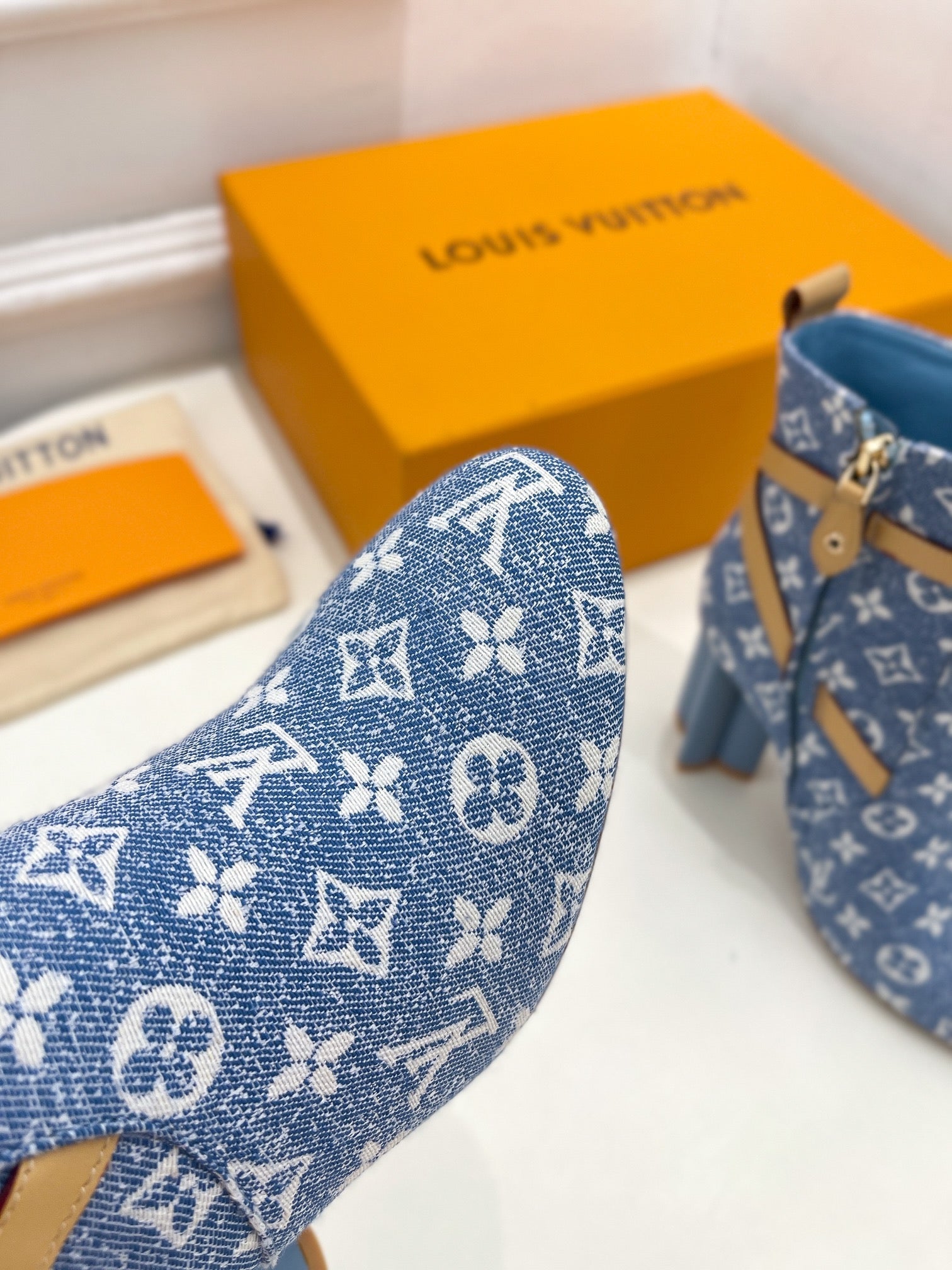 LV Silhouette Ankle Boots 100mm Light Blue Monogram Jacquard Fabric