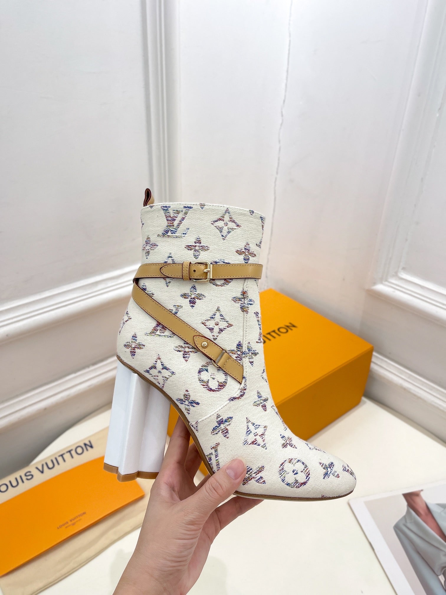 LV Silhouette Ankle Boots 100mm White Monogram Jacquard Fabric