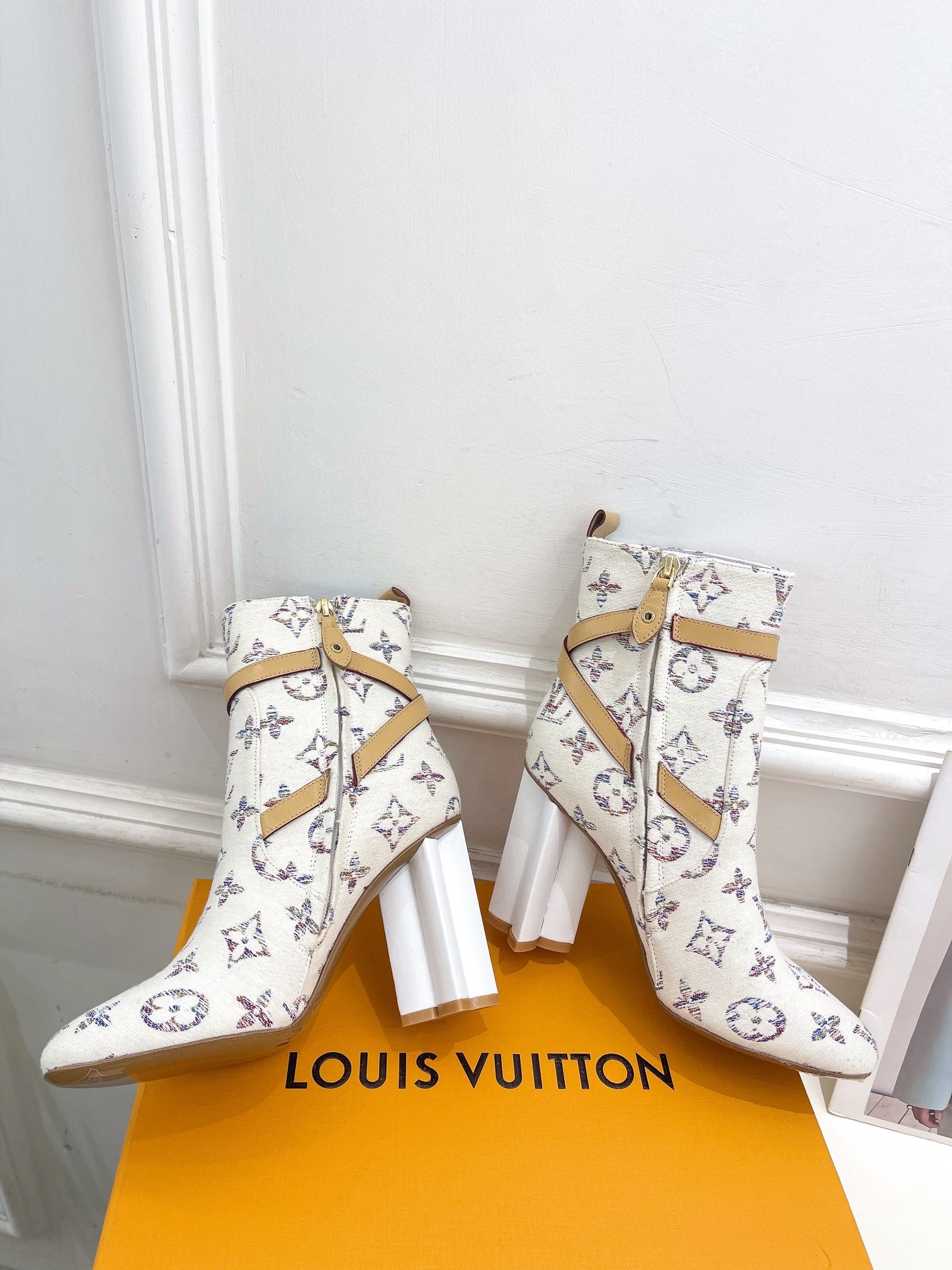 LV Silhouette Ankle Boots 100mm White Monogram Jacquard Fabric