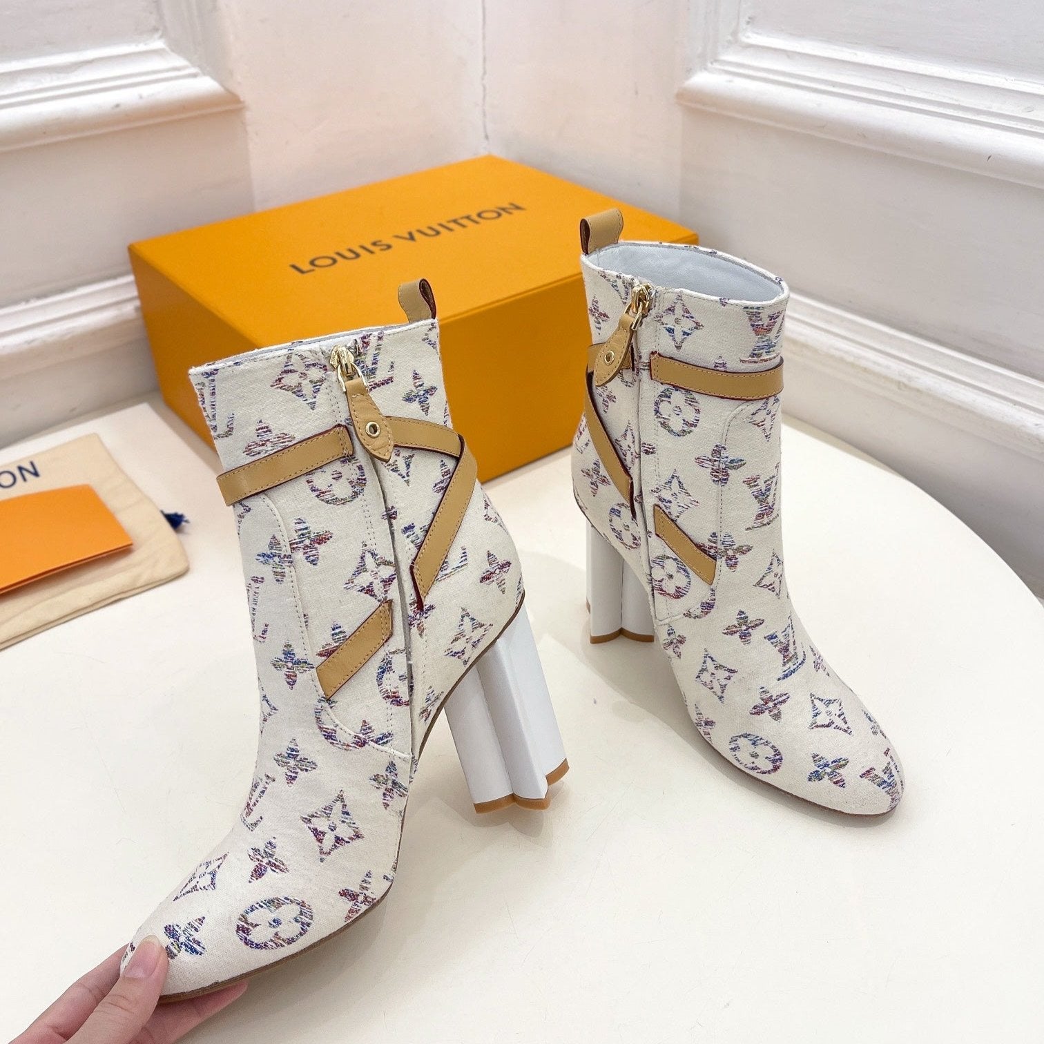 LV Silhouette Ankle Boots 100mm White Monogram Jacquard Fabric