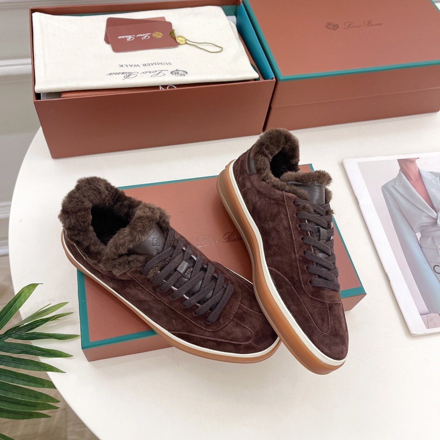 LP Tennis Walk Sneaker In Earth Brown Suede Lined With Wool Fleece 988266