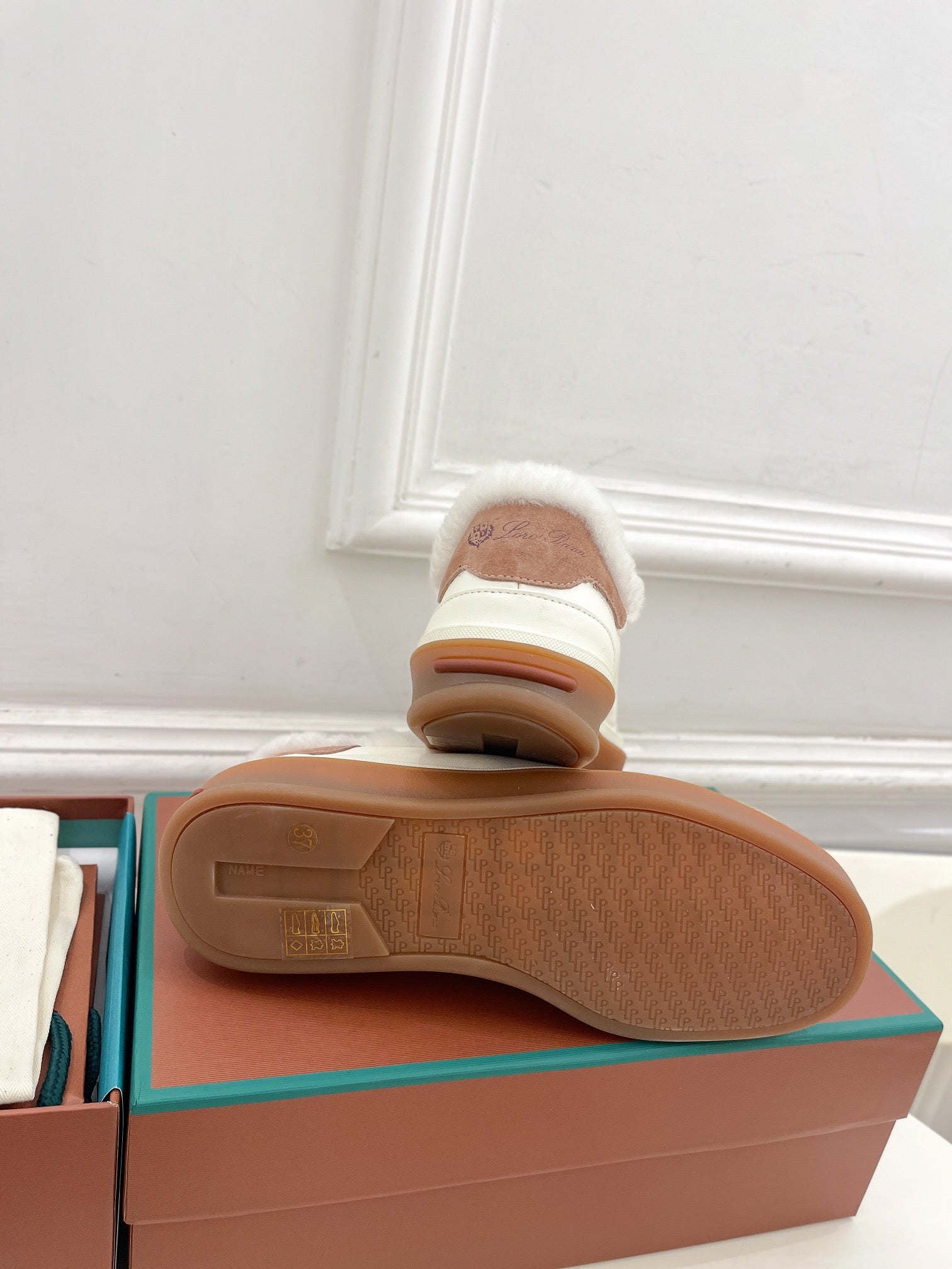 LP Tennis Walk Sneaker In White Grey Lambskin Lined With Wool Fleece 988264