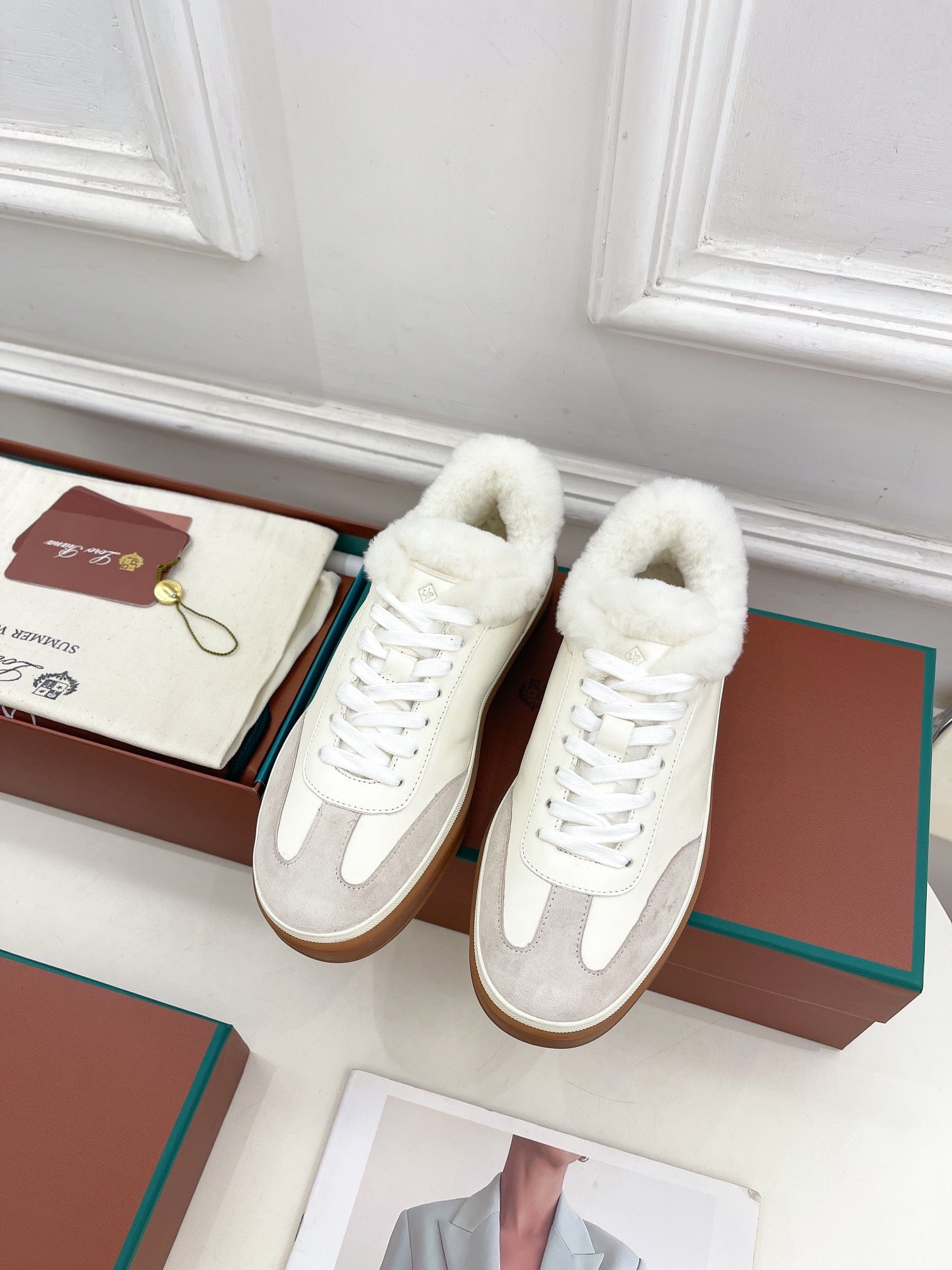 LP Tennis Walk Sneaker In White Grey Lambskin Lined With Wool Fleece 988264