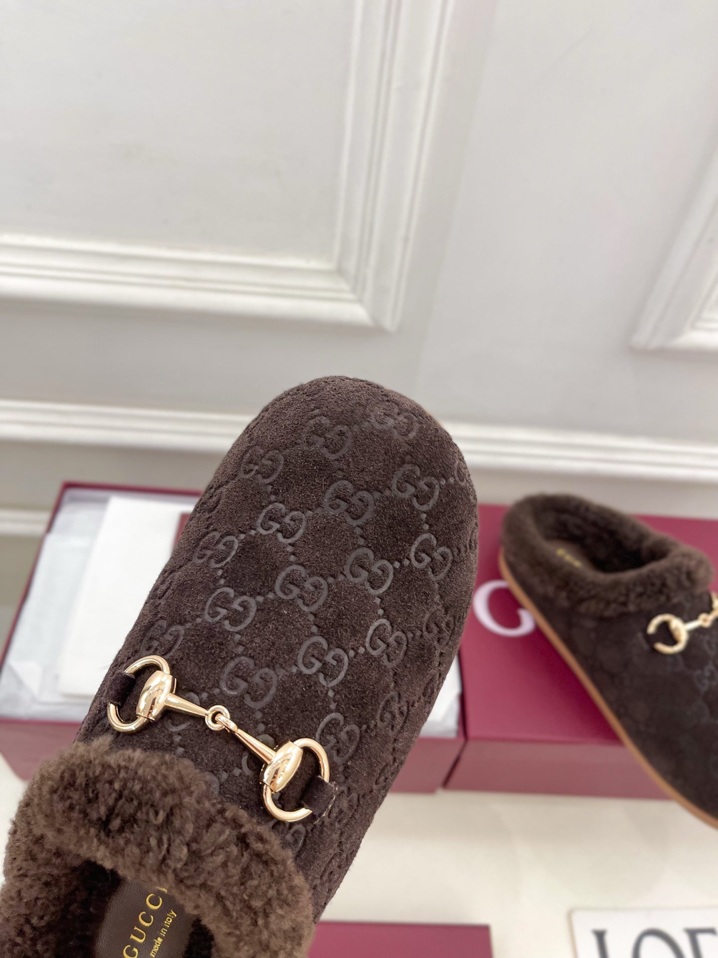 GG Horsebit Embossed Mule Dark Brown Suede And Wool 536052