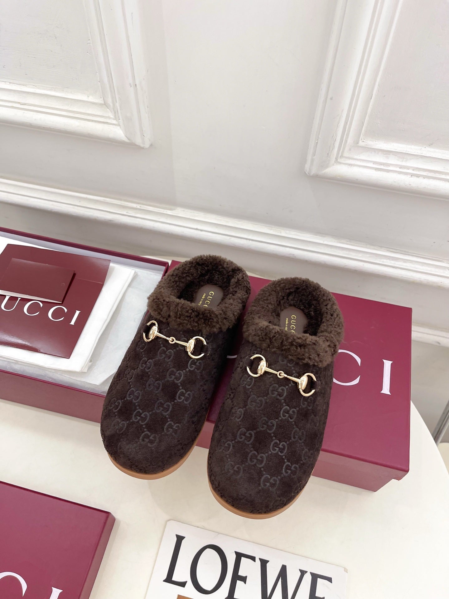 GG Horsebit Embossed Mule Dark Brown Suede And Wool 536052