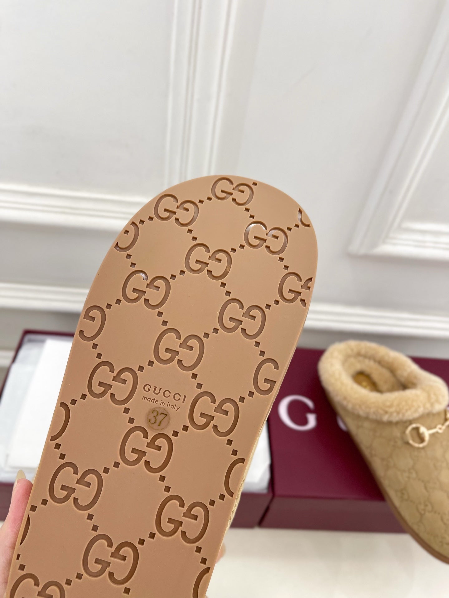 GG Horsebit Embossed Mule Beige Suede And Wool 536053