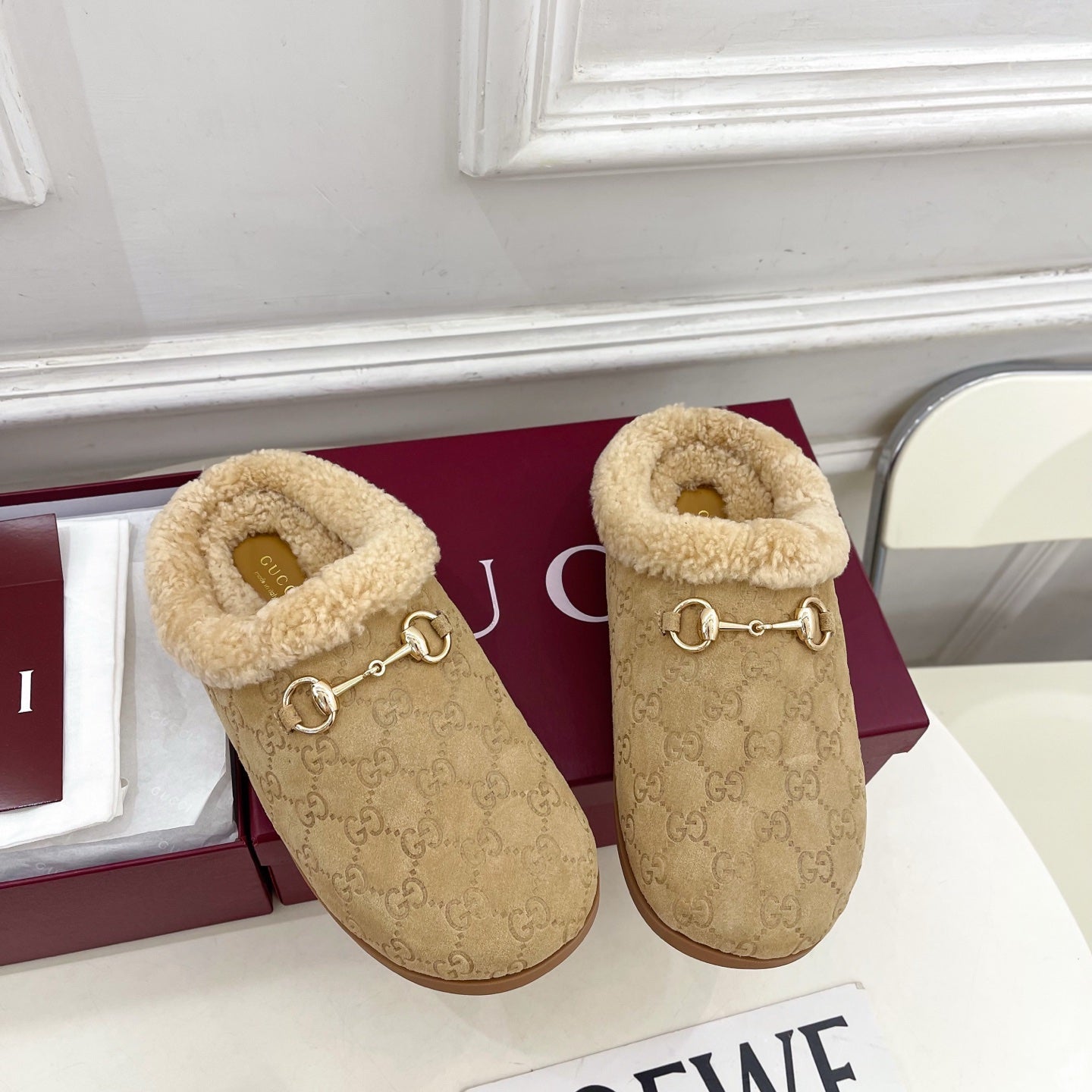 GG Horsebit Embossed Mule Beige Suede And Wool 536053