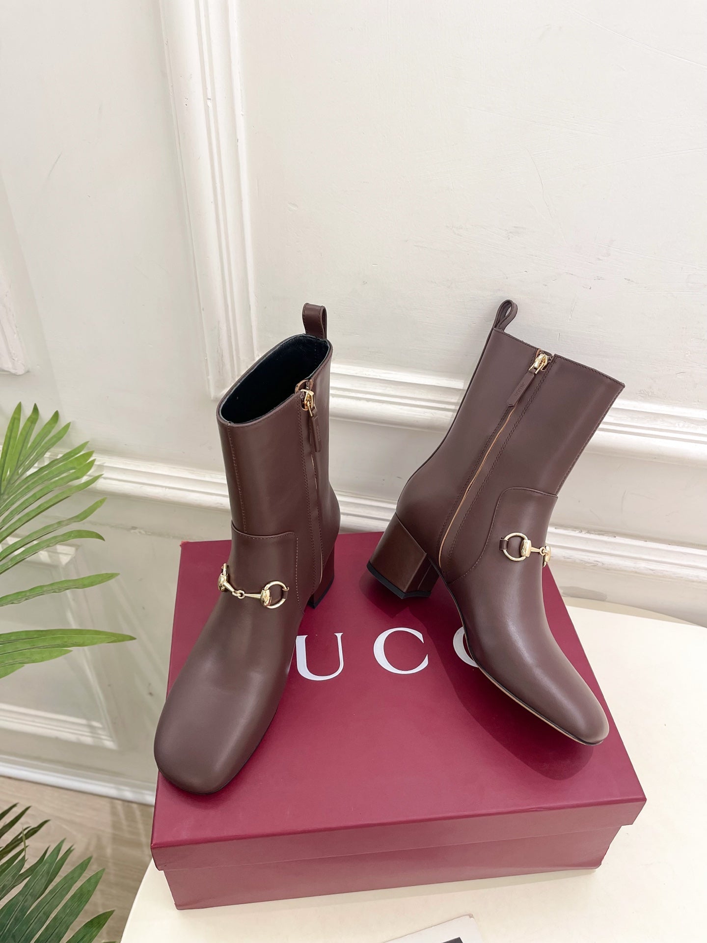 GG horsebit chunky heel ankle boots dark brown calfskin 536058