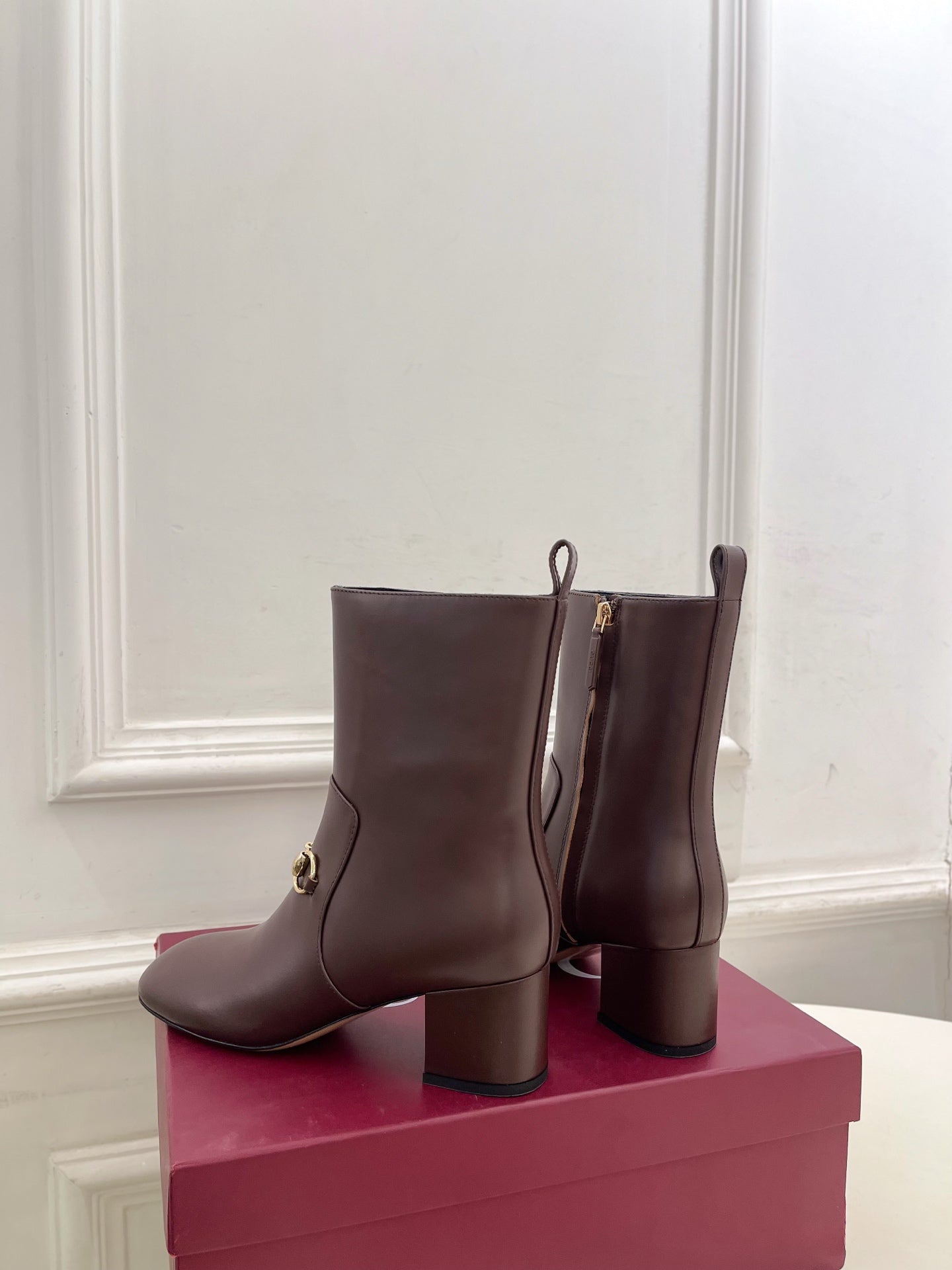 GG horsebit chunky heel ankle boots dark brown calfskin 536058