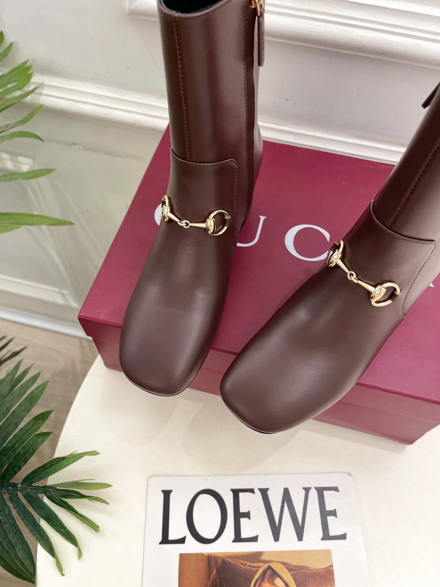 GG horsebit chunky heel ankle boots dark brown calfskin 536058