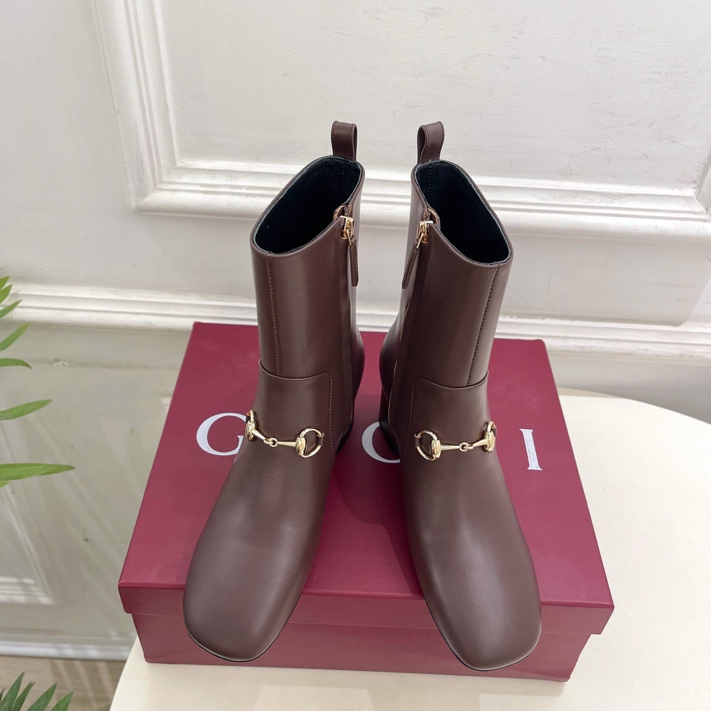 GG horsebit chunky heel ankle boots dark brown calfskin 536058