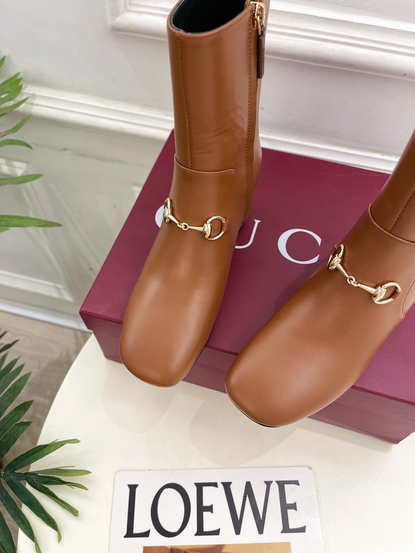 GG horsebit chunky heel ankle boots caramel brown calfskin 536059