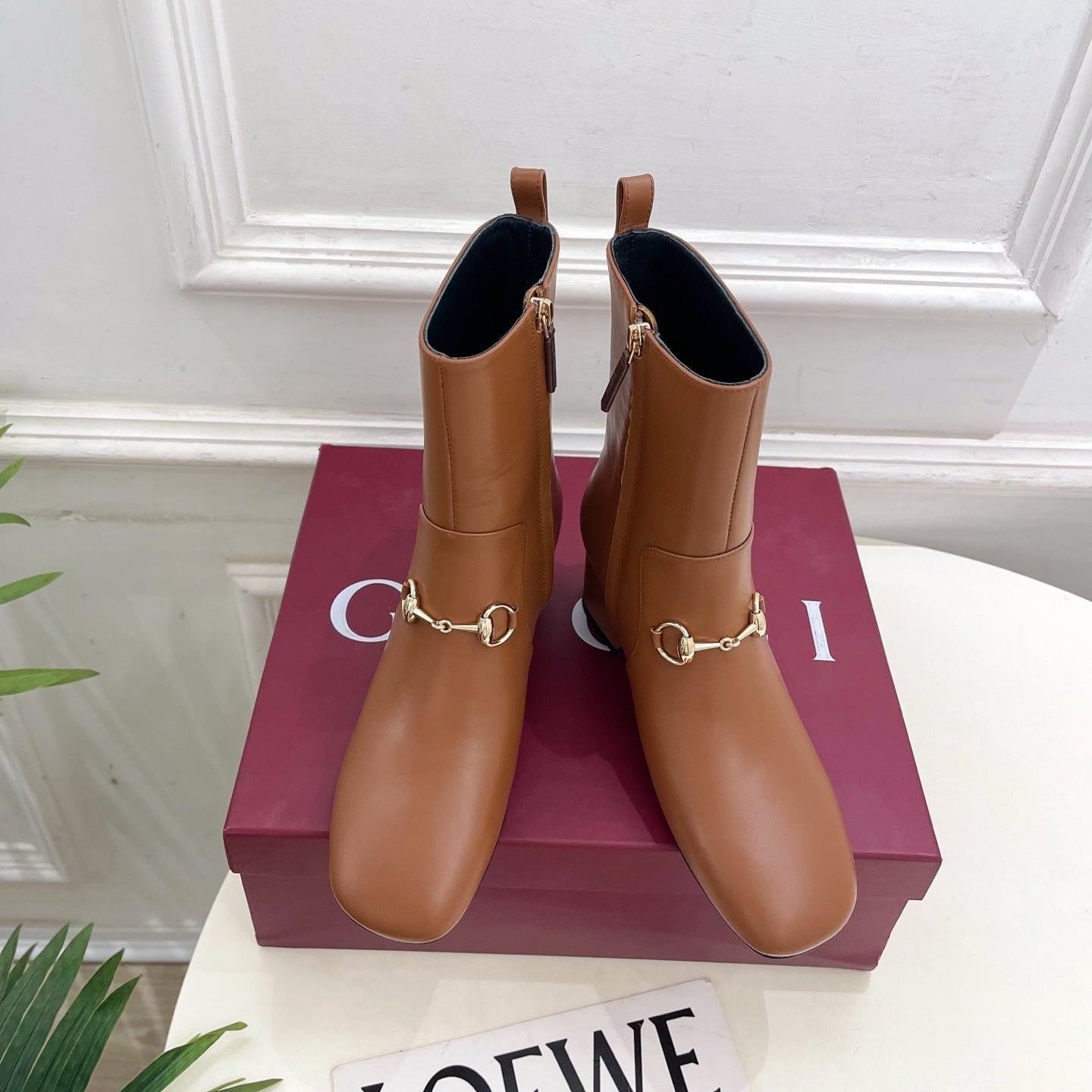 GG horsebit chunky heel ankle boots caramel brown calfskin 536059