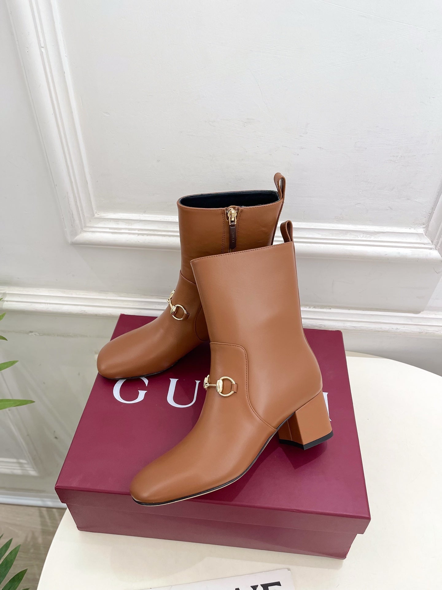 GG horsebit chunky heel ankle boots caramel brown calfskin 536059