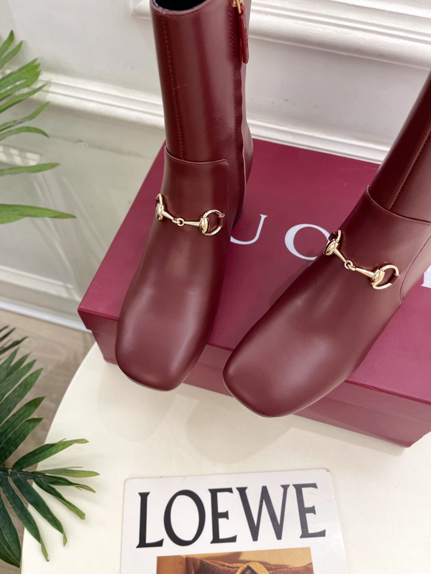 GG horsebit chunky heel ankle boots burrgundy calfskin 536060