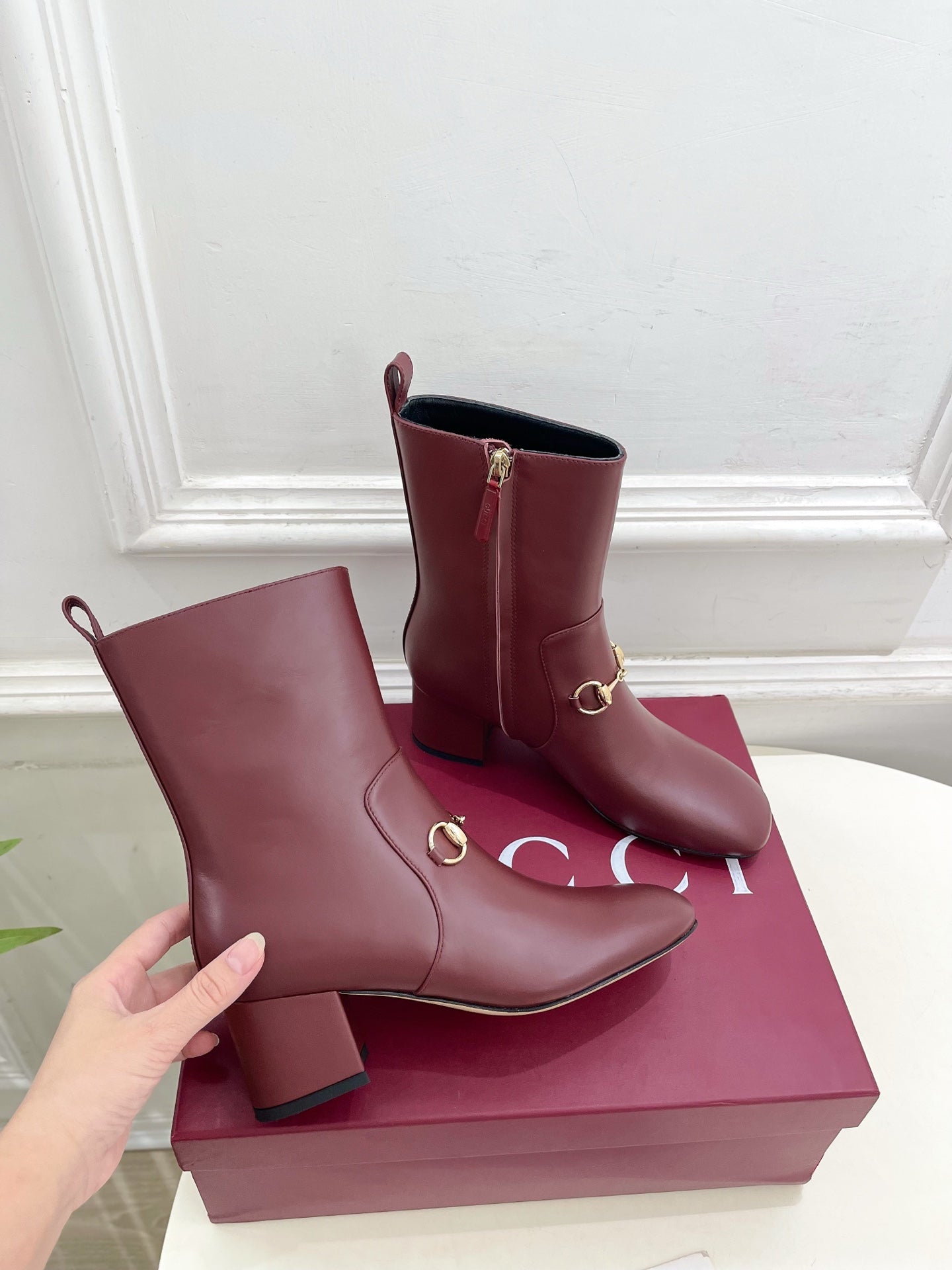 GG horsebit chunky heel ankle boots burrgundy calfskin 536060