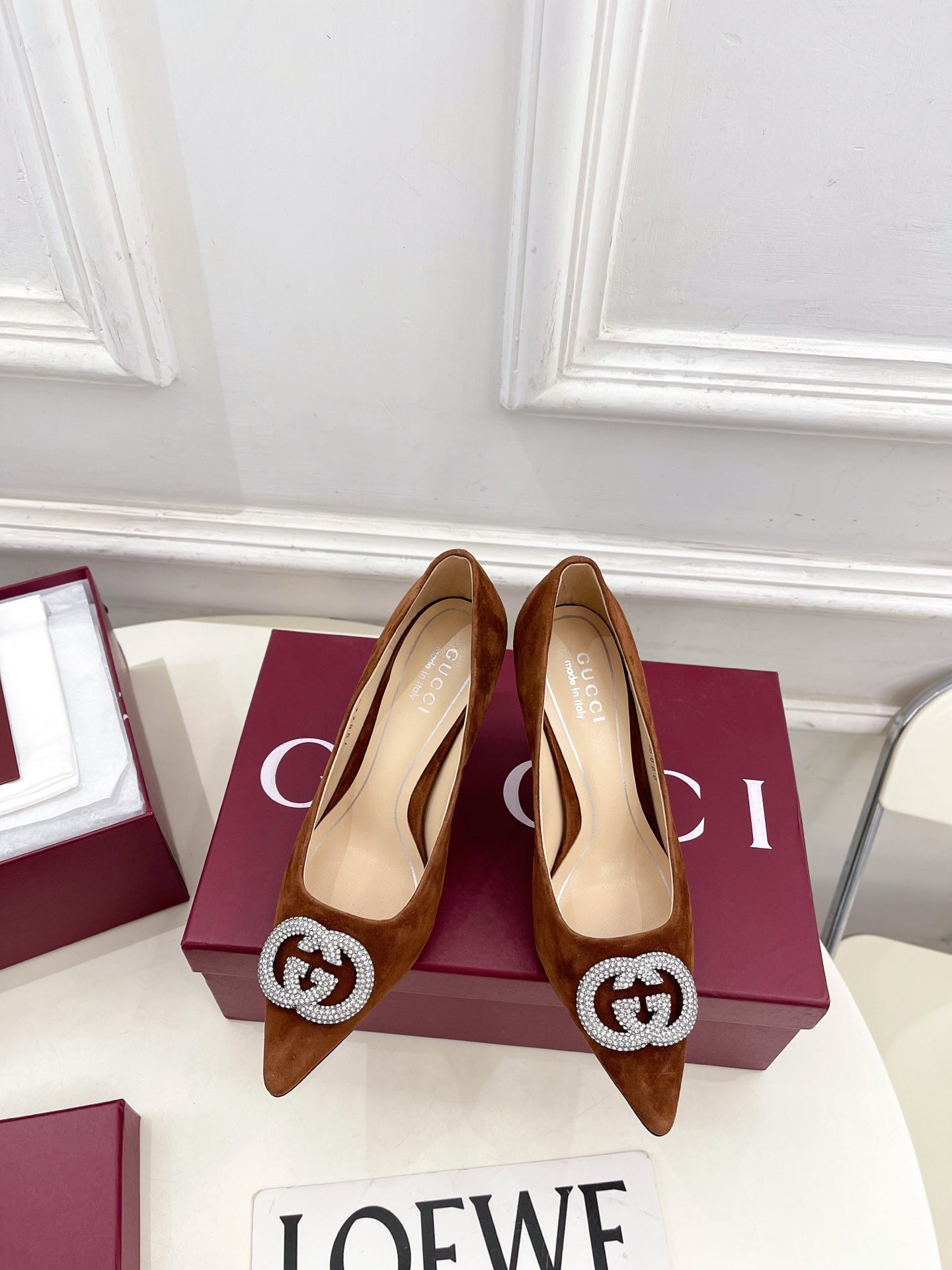 GG 26 High-Heeled 85 Pumps Camel Brown Suede 587076