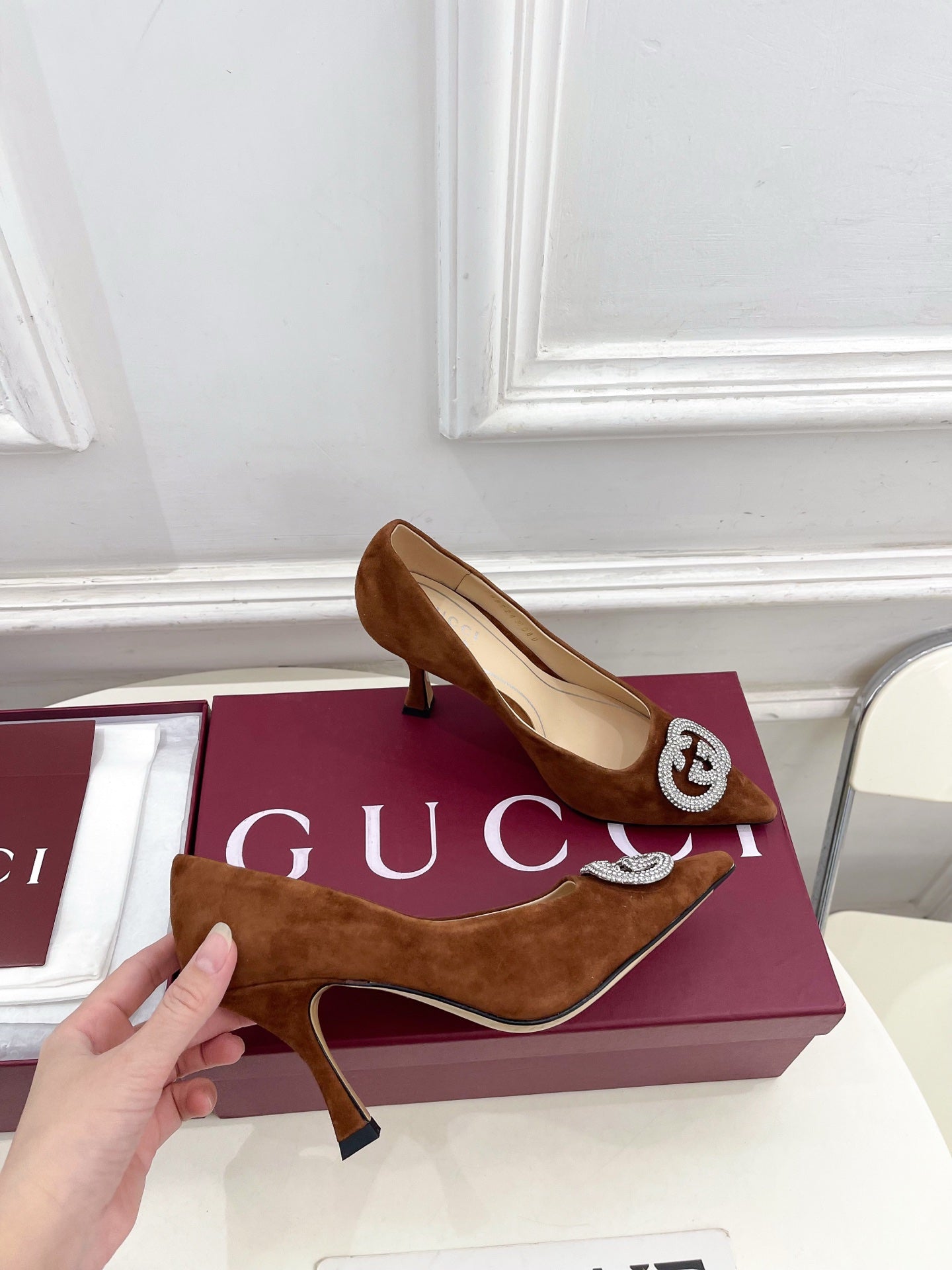 GG 26 High-Heeled 85 Pumps Camel Brown Suede 587076