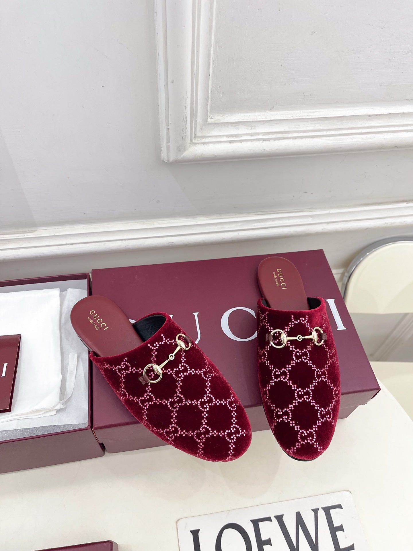 GG 26 Horsebit Flat Mules Rhinestones Red Velvet 587081