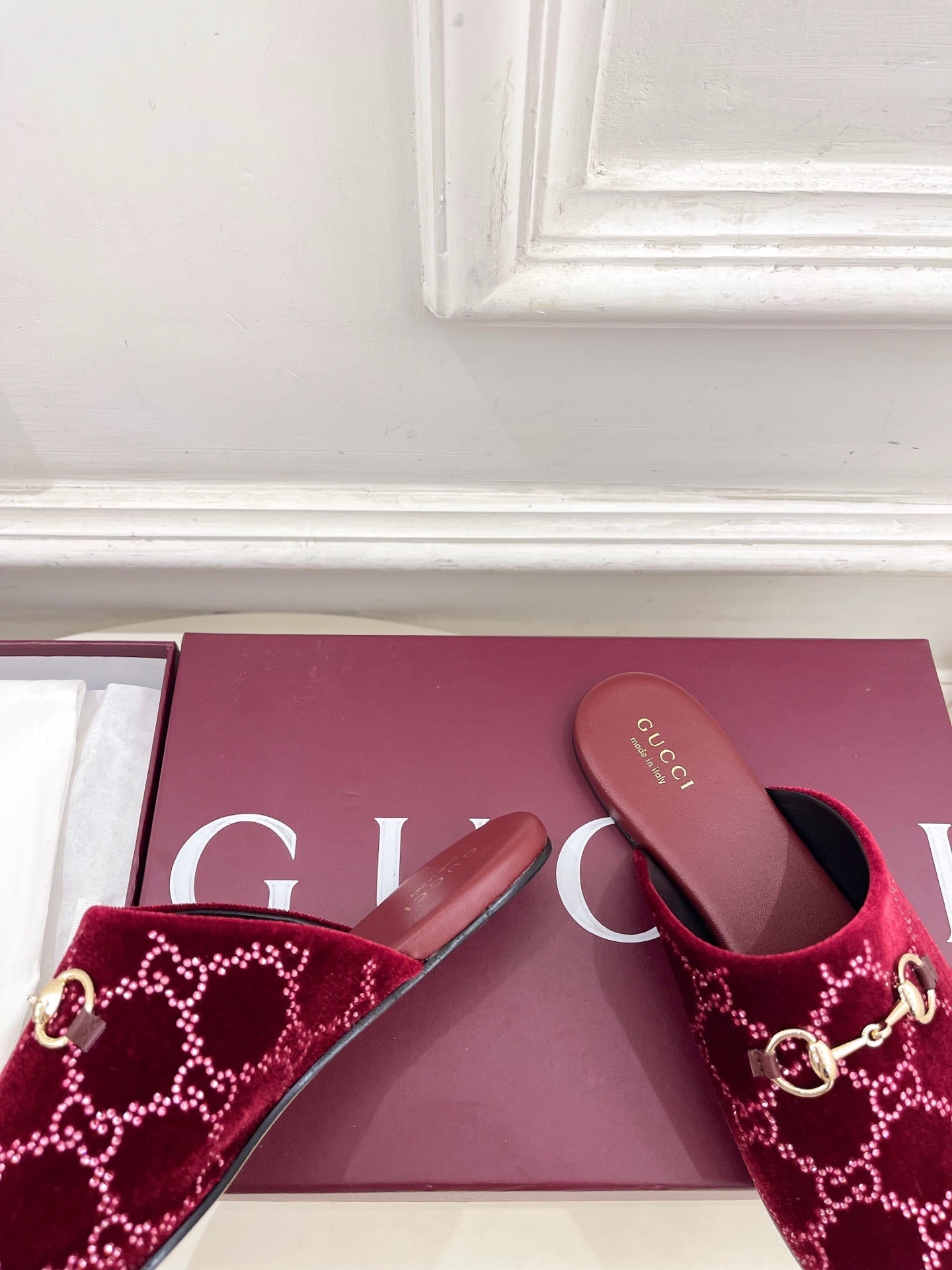 GG 26 Horsebit Flat Mules Rhinestones Red Velvet 587081