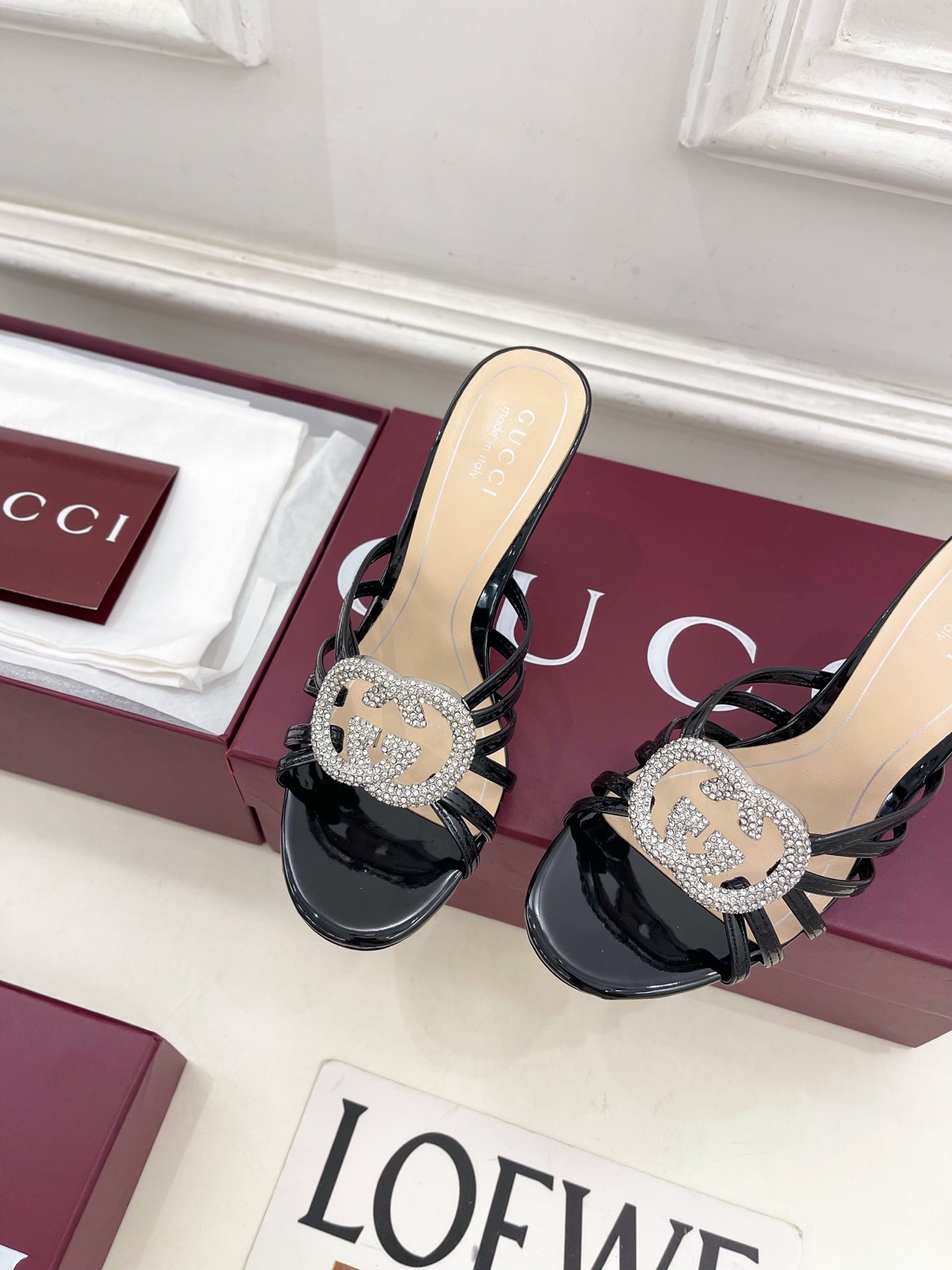 GG 26 High-Heeled Mules 85 Black Beige Patent Leather 587083