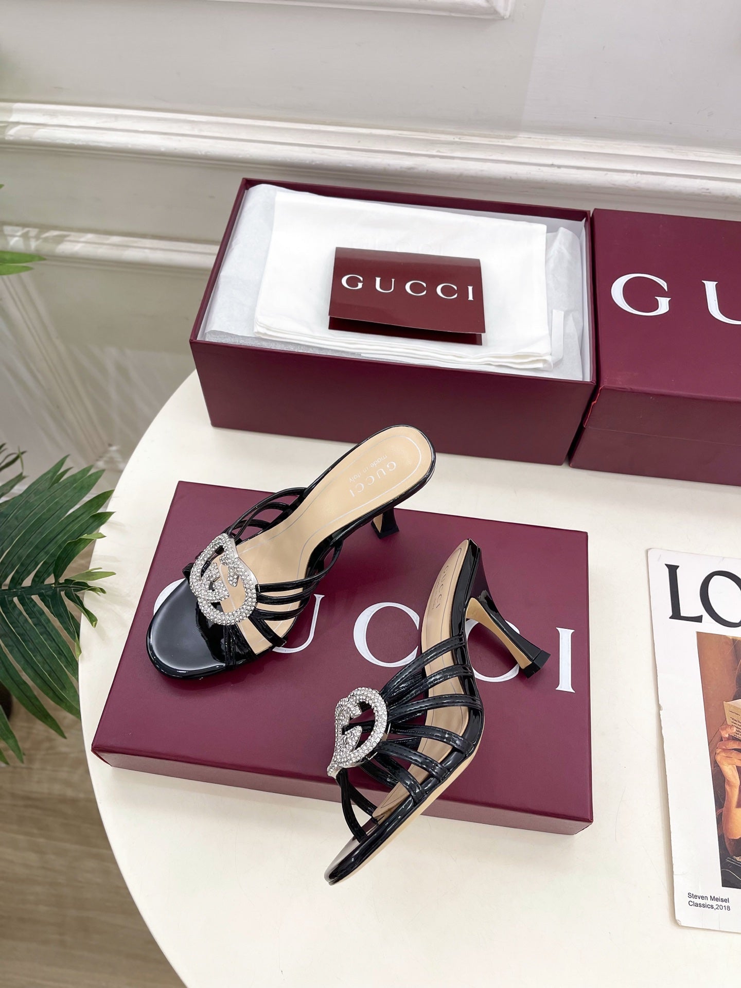 GG 26 High-Heeled Mules 85 Black Beige Patent Leather 587083