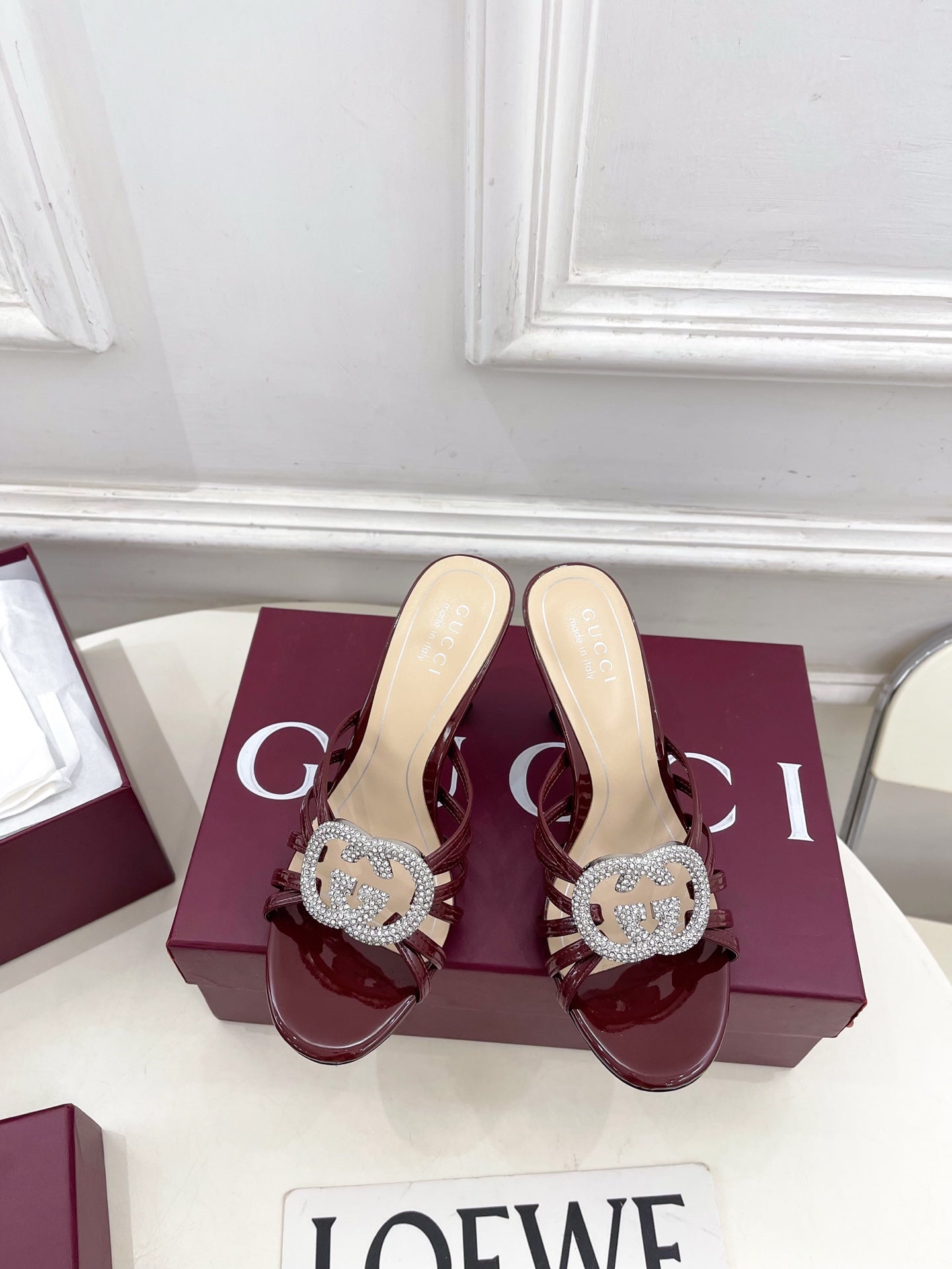 GG 26 High-Heeled Mules 85 Dark Red Beige Patent Leather 587085