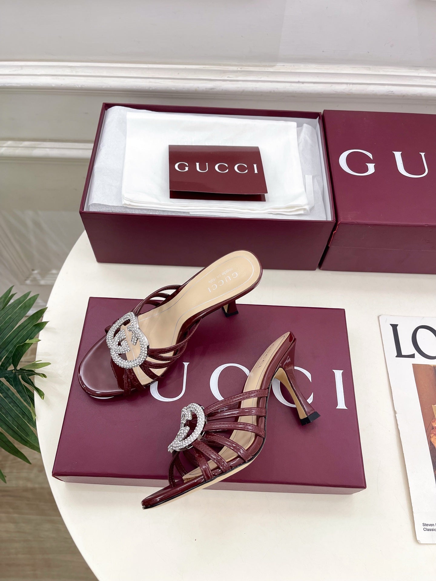 GG 26 High-Heeled Mules 85 Dark Red Beige Patent Leather 587085