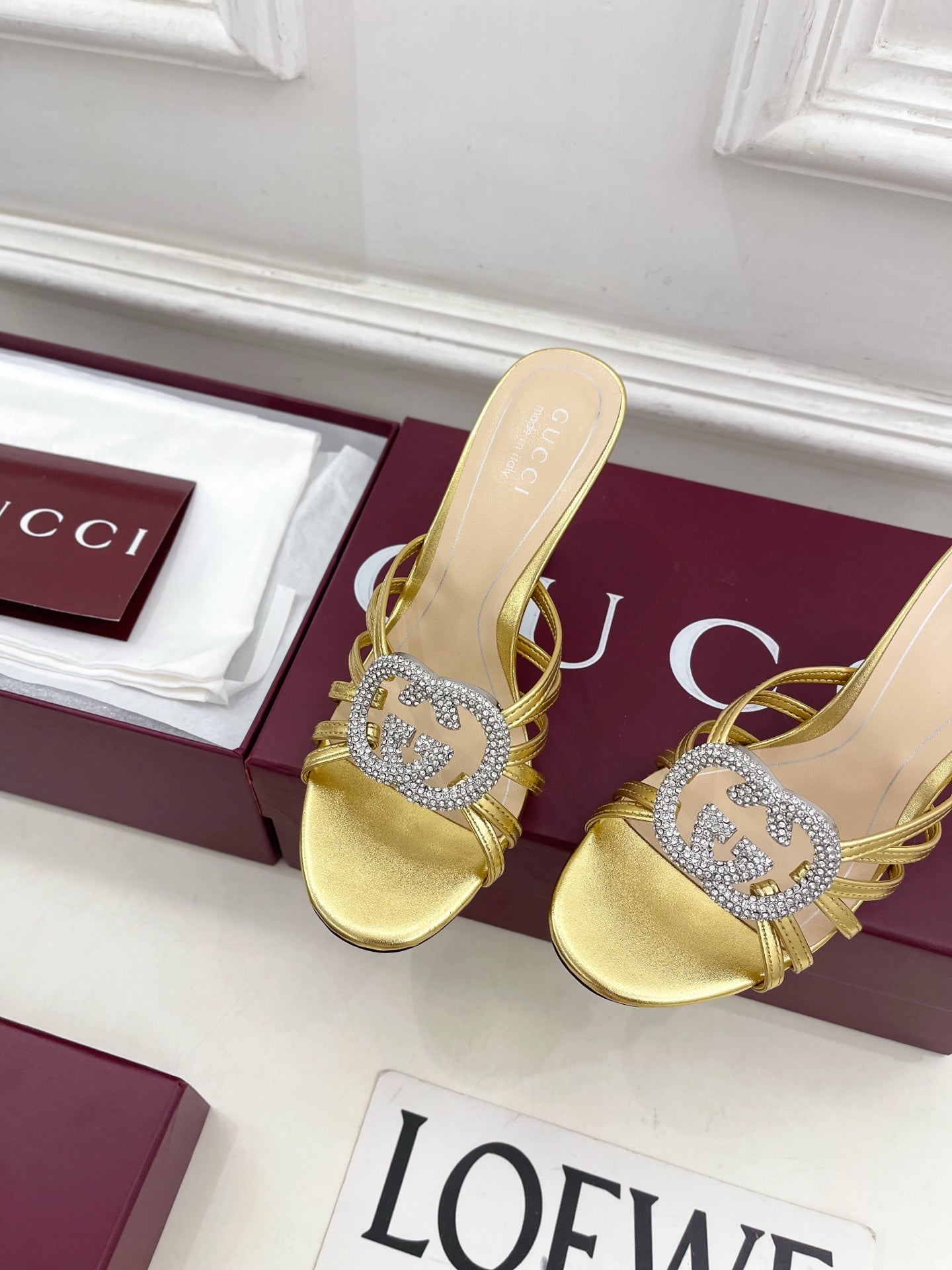 GG 26 High-Heeled Mules 85 Gold Metallic Leather 587087