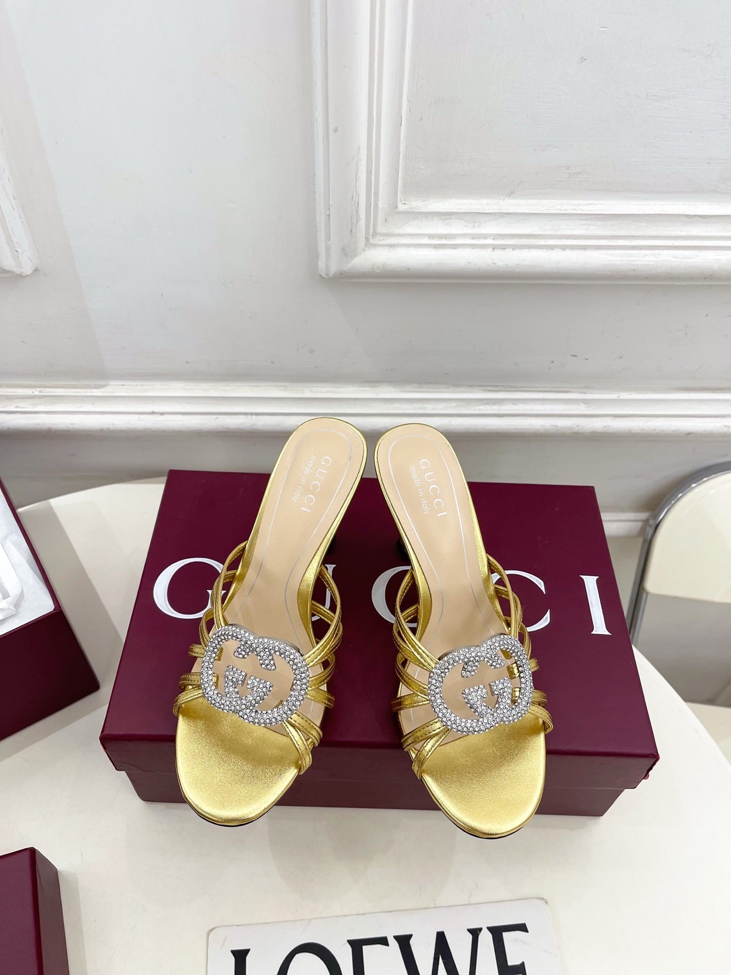 GG 26 High-Heeled Mules 85 Gold Metallic Leather 587087