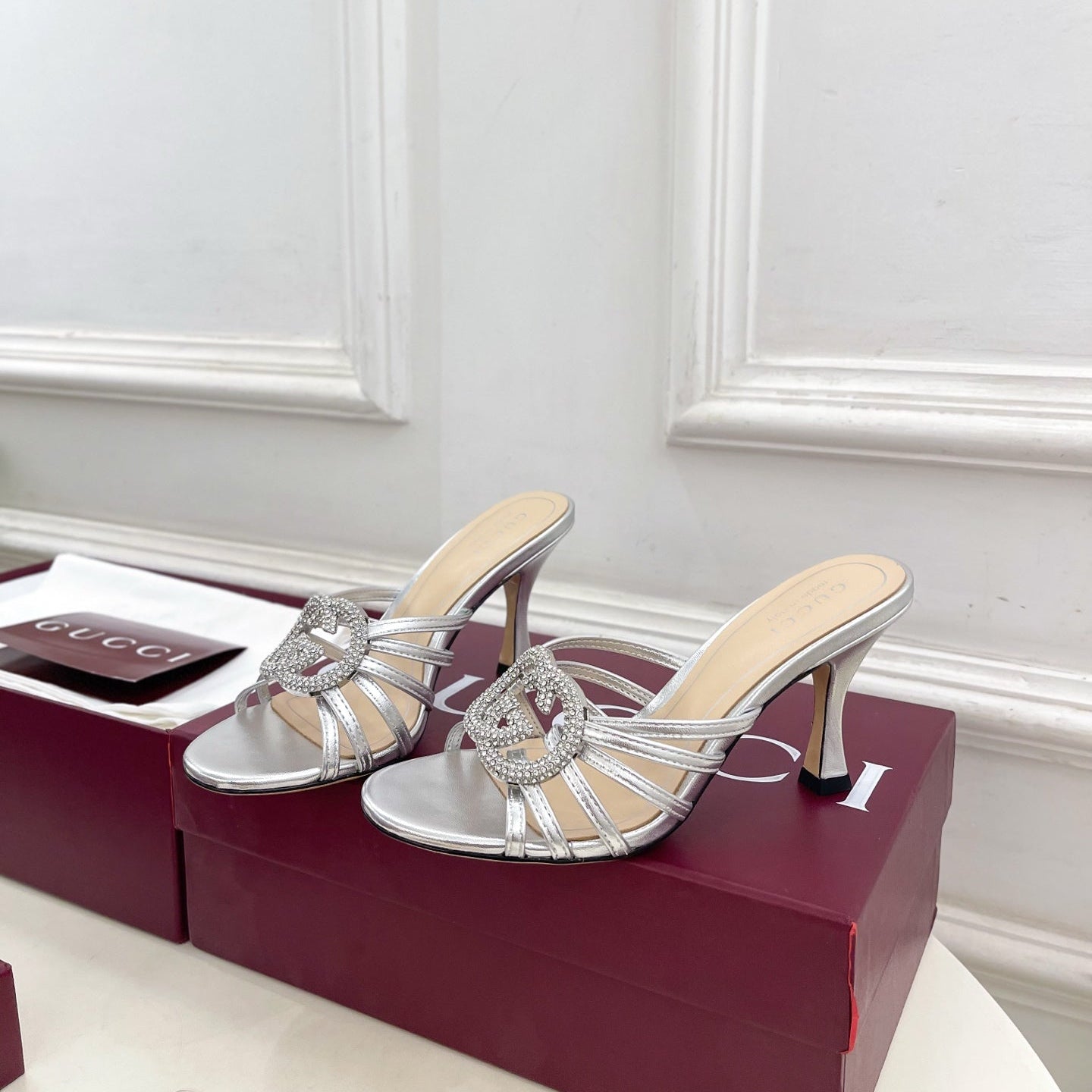 GG 26 High-Heeled Mules 85 Sliver Metallic Leather 587088