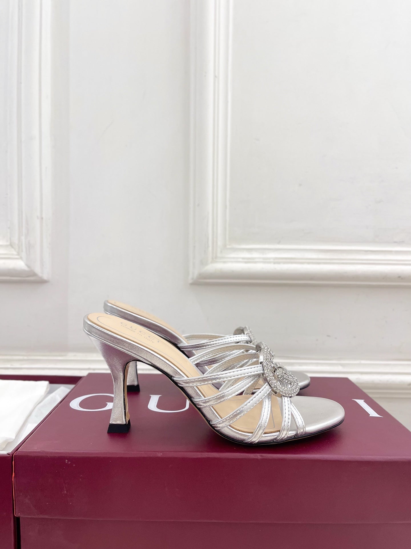 GG 26 High-Heeled Mules 85 Sliver Metallic Leather 587088