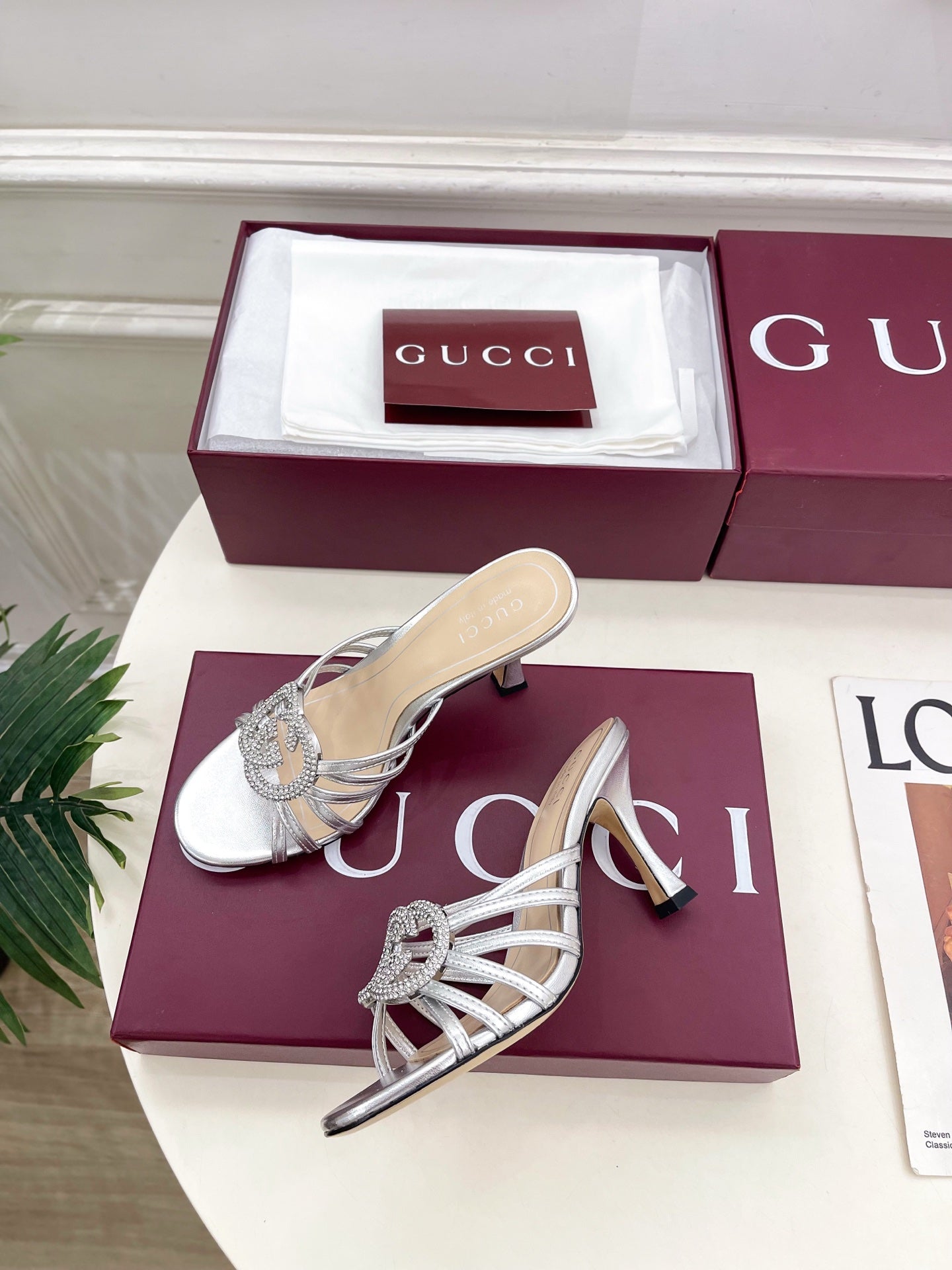 GG 26 High-Heeled Mules 85 Sliver Metallic Leather 587088