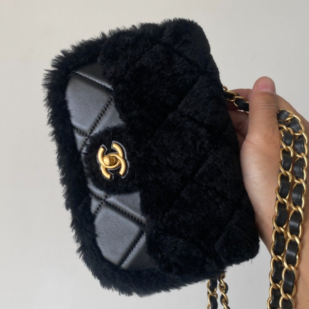 Chanel 25 Shearling Bag Black Wool Lambskin