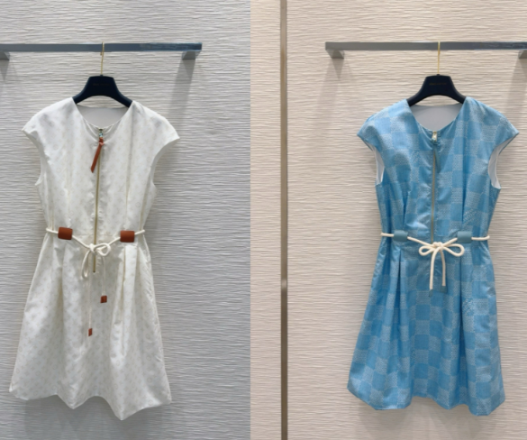 LV 25 Pleated Trendy Square Vest Dress White Blue Poliester