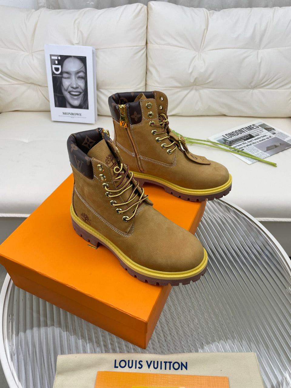 LV x Timberland Ankle Boot 50mm Brown Yellow Nubuck Leather