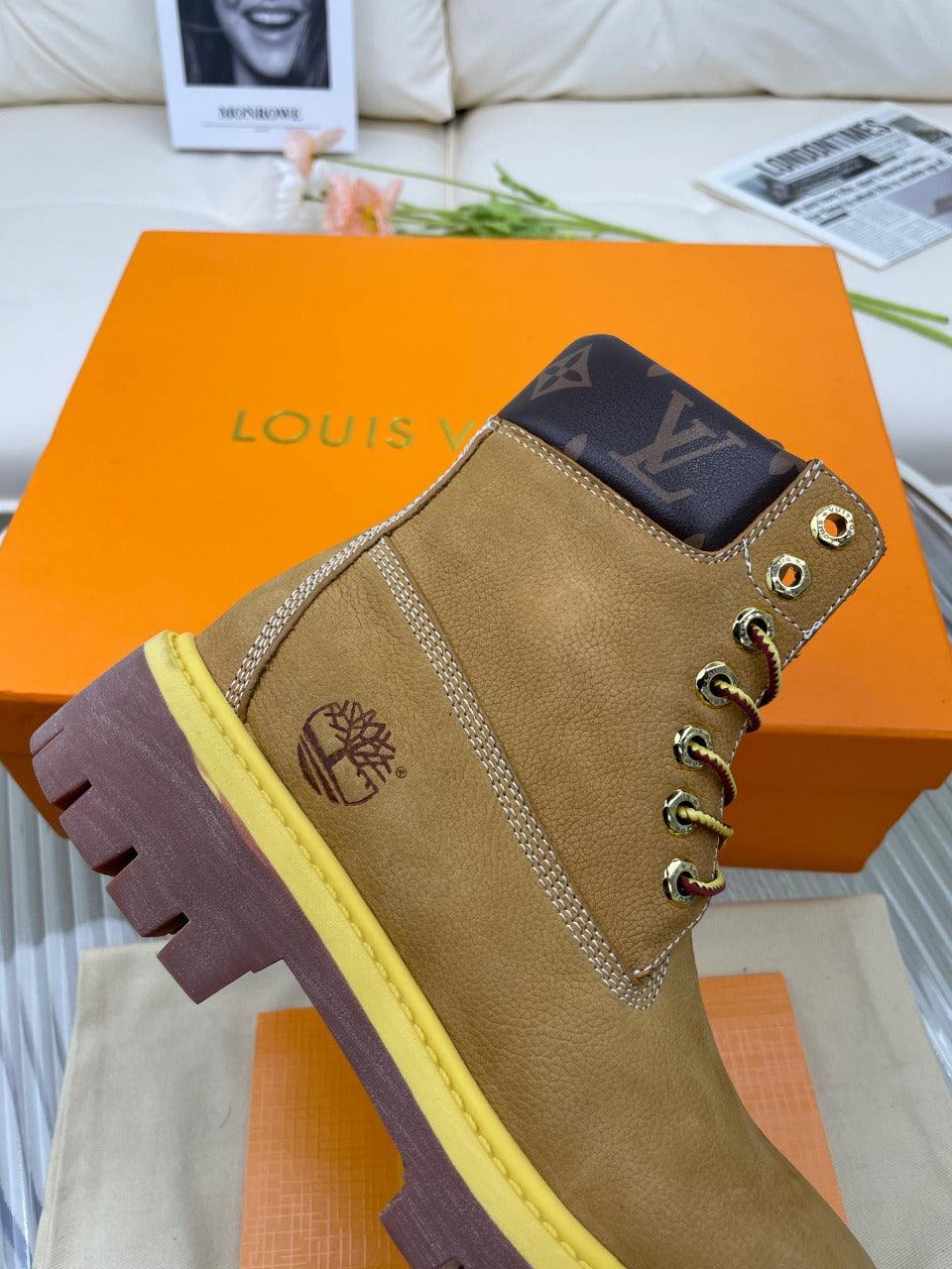 LV x Timberland Ankle Boot 50mm Brown Yellow Nubuck Leather