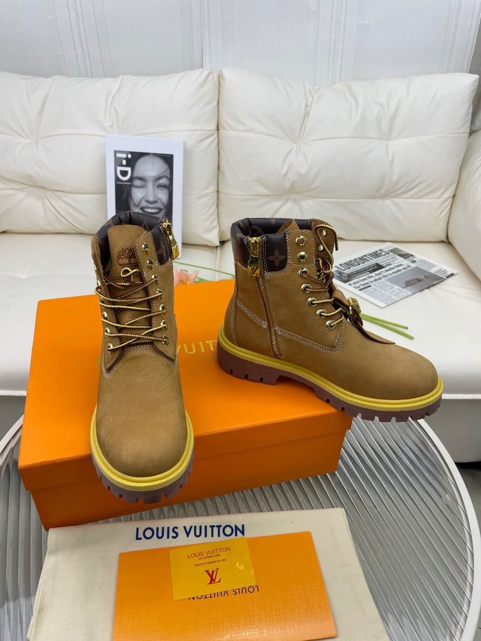 LV x Timberland Ankle Boot 50mm Brown Yellow Nubuck Leather