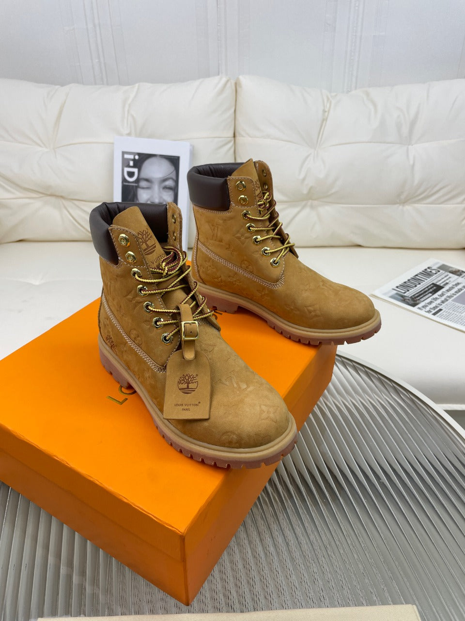 LV x Timberland 6-In Ankle Boot 50mm Brown Yellow Monogram Nubuck Leather