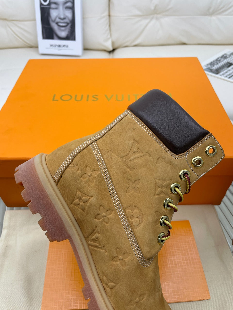 LV x Timberland 6-In Ankle Boot 50mm Brown Yellow Monogram Nubuck Leather