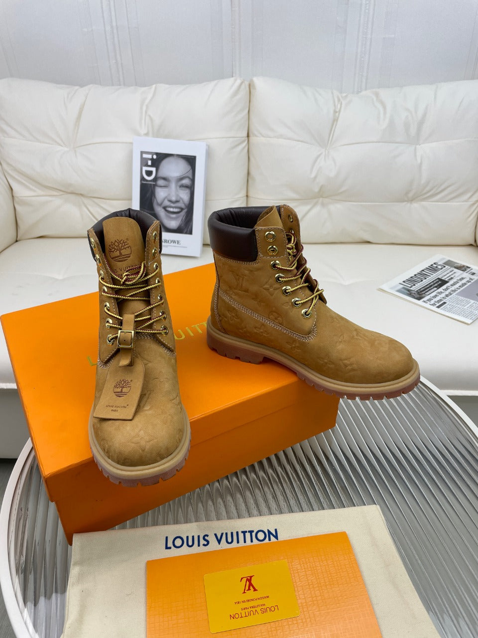 LV x Timberland Ankle Boot 50mm Brown Yellow Monogram Nubuck Leather